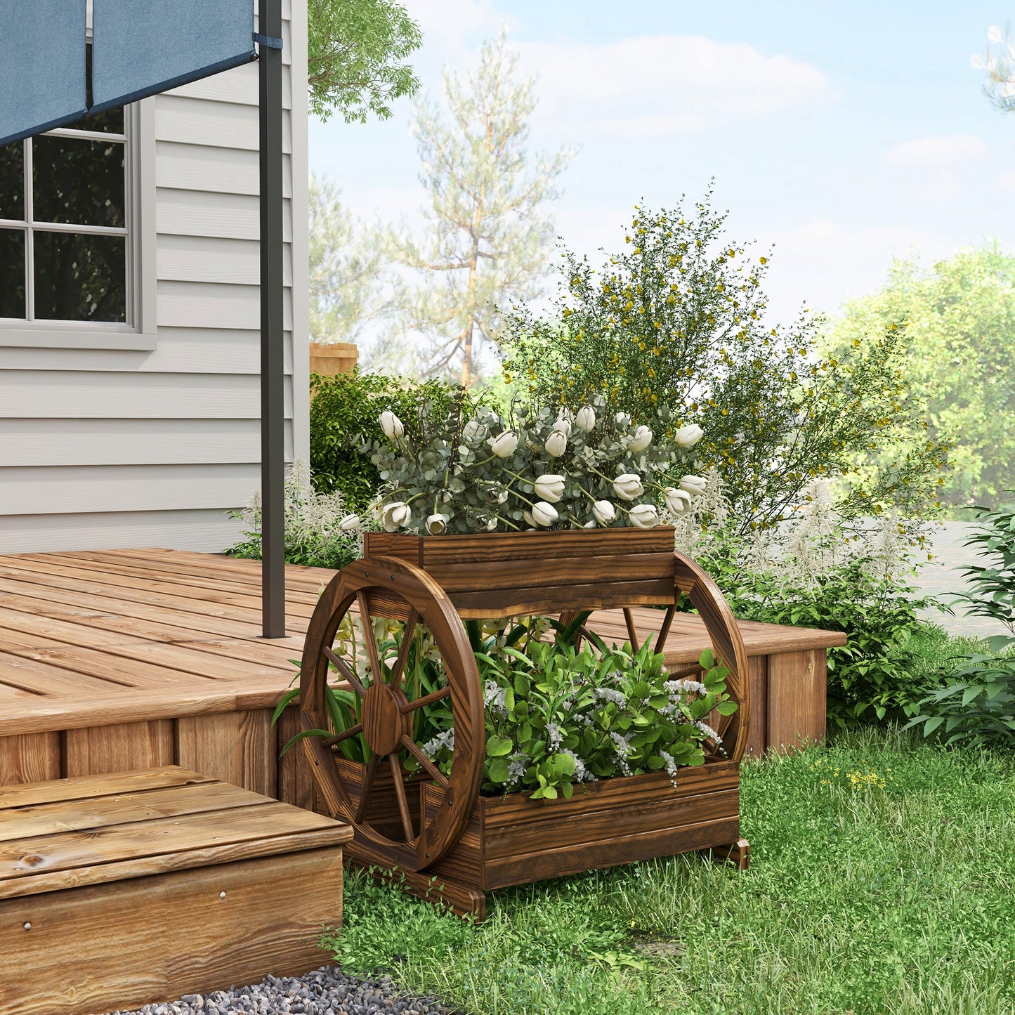Wooden Wagon Planter Box - 3-Tier Raised Garden Bed for Vegetables Flowers Herbs - 25 x 21 x 24 inches