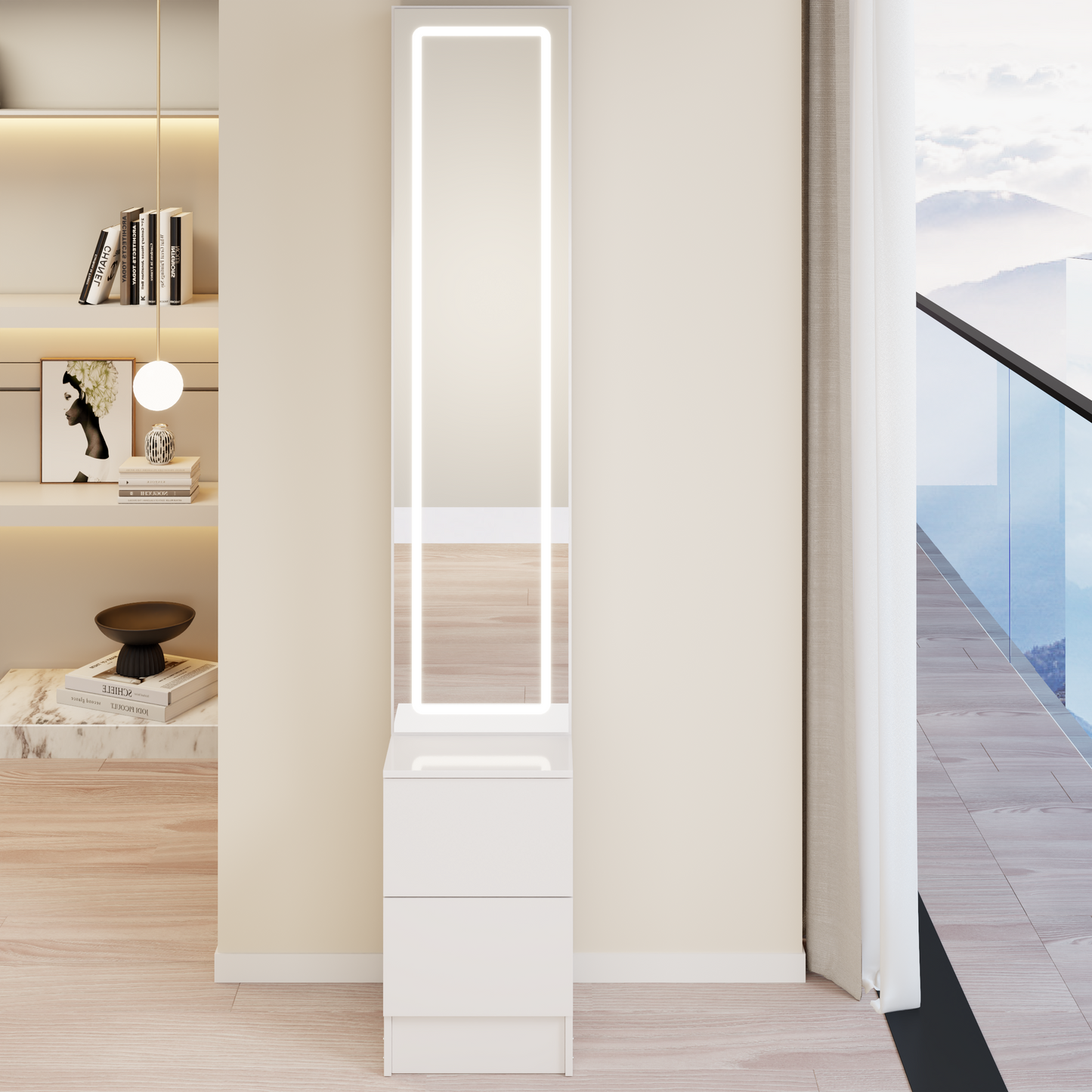 Adjustable LED Dressing Mirror Cabinet - White, Multi-layer Storage