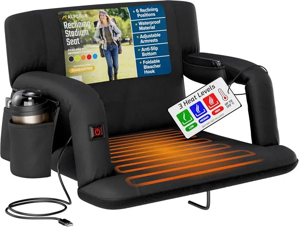 Heated Reclining Stadium Seat with Back Support - Black 25" Wide