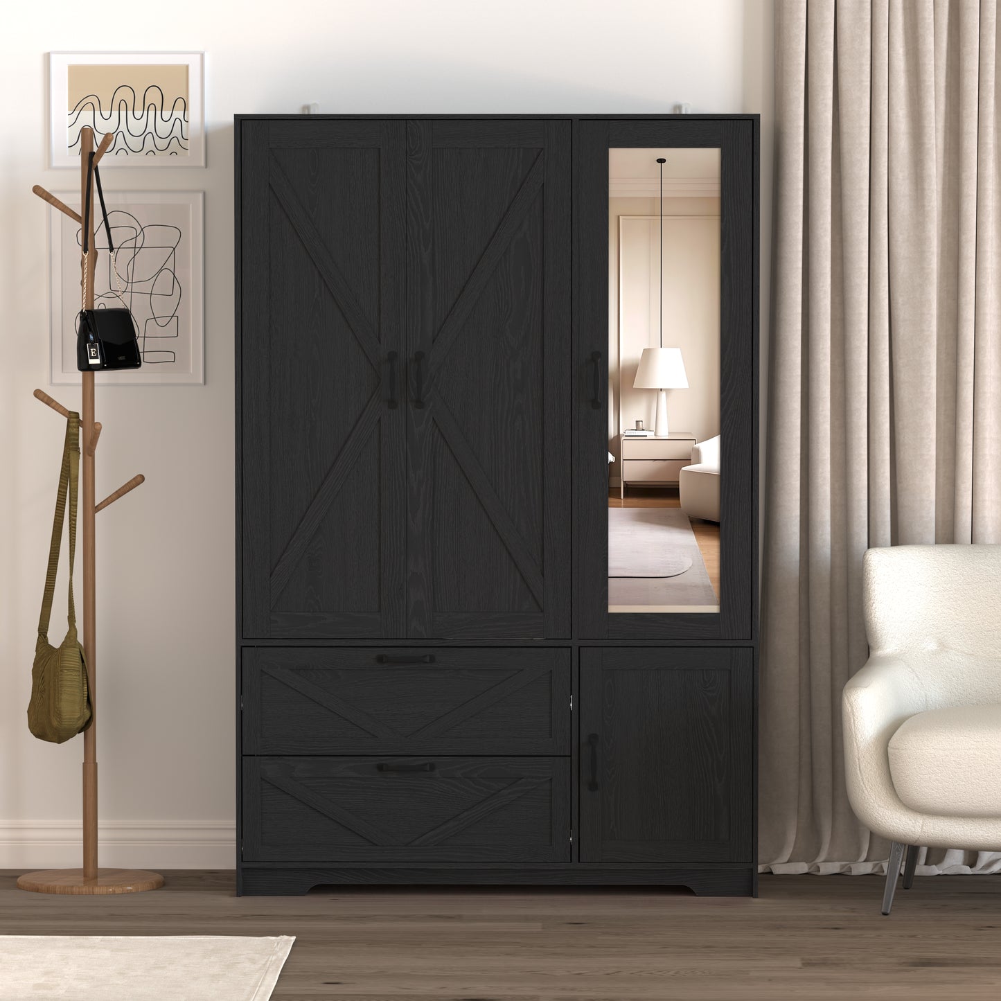Black 4-Door Wardrobe Closet with Mirror & LED Lighting