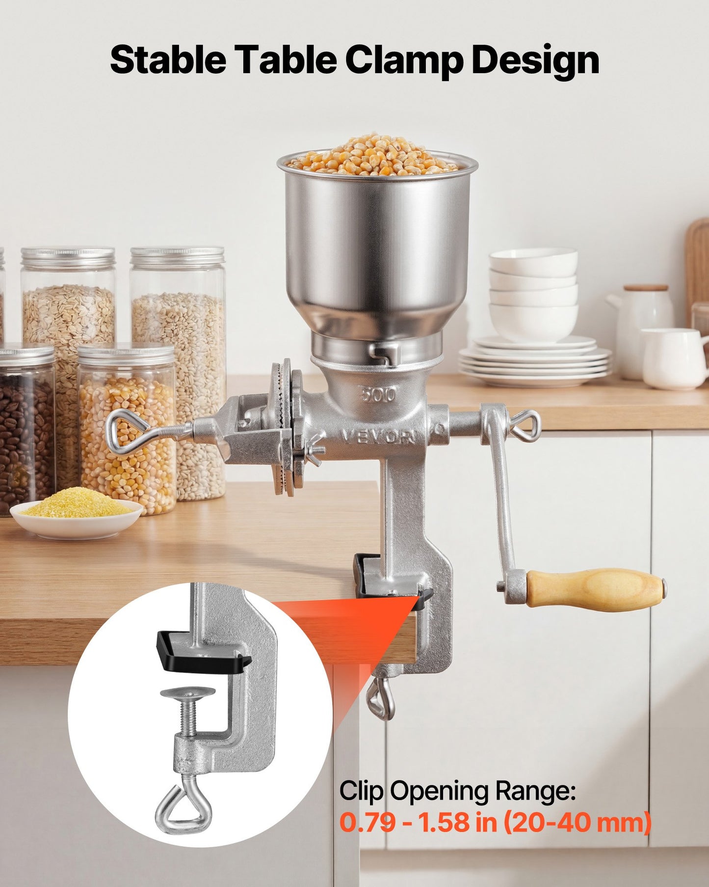 Manual Grain Mill with High Hopper - Hand-Crank Corn & Nut Grinder, Heavy Duty Cast Iron Kitchen Tool