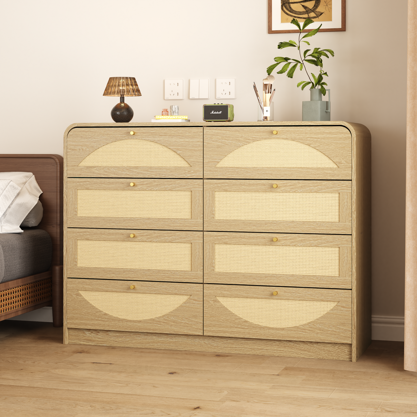 Natural 8-Drawer Dresser with Rattan Front - Wide Storage Cabinet