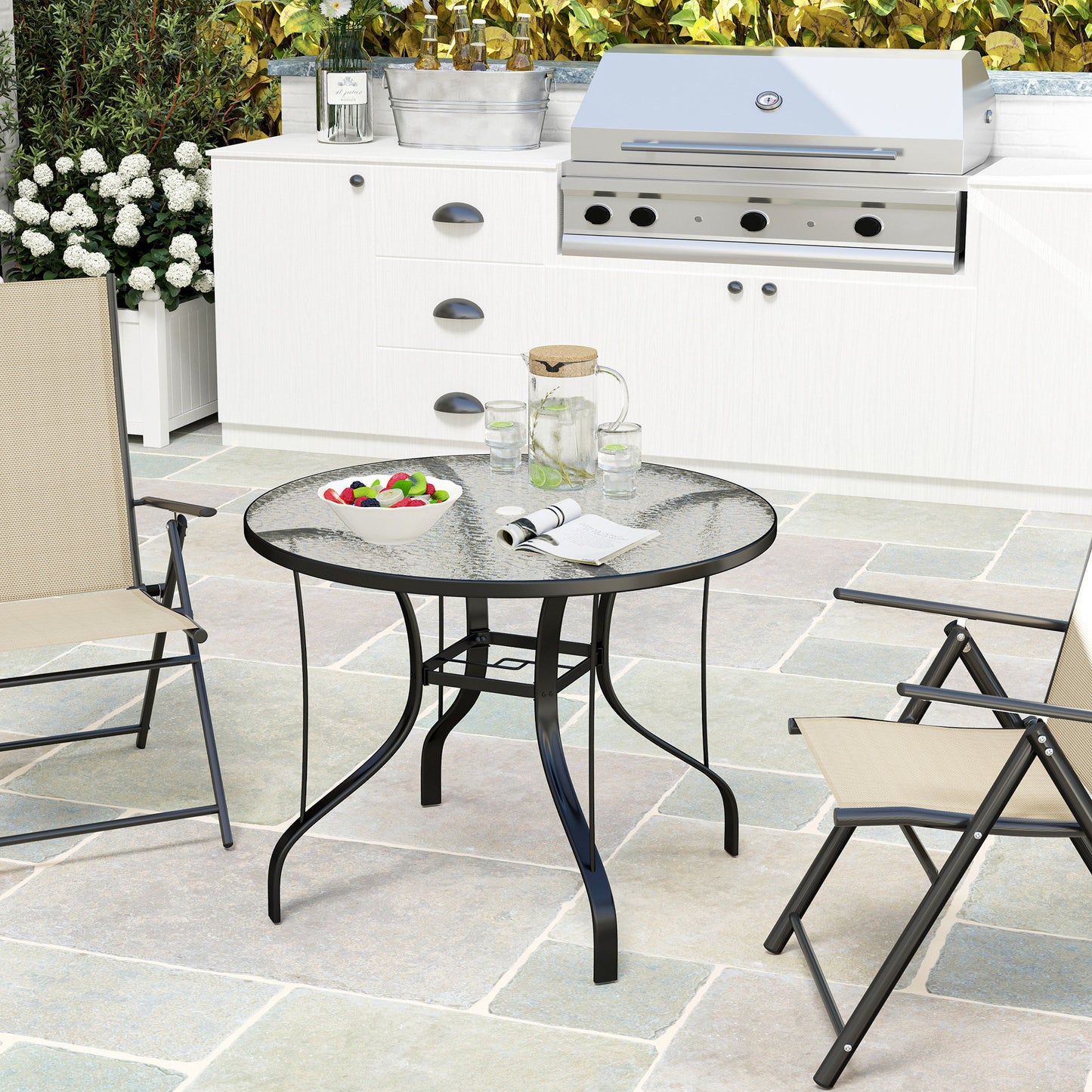 38" Round Outdoor Dining Table with Umbrella Hole - Black