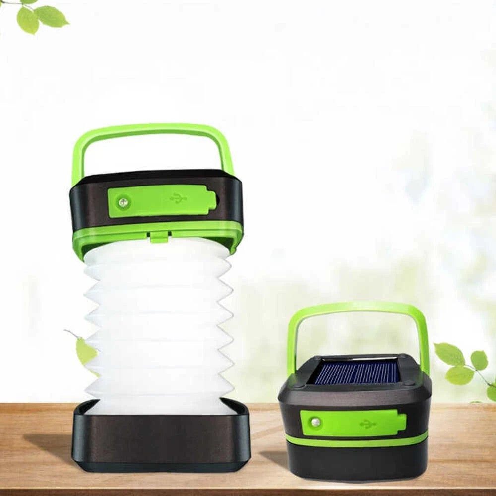 Rechargeable Solar Camping Lantern with Power Bank, Foldable Waterproof LED Light - Green