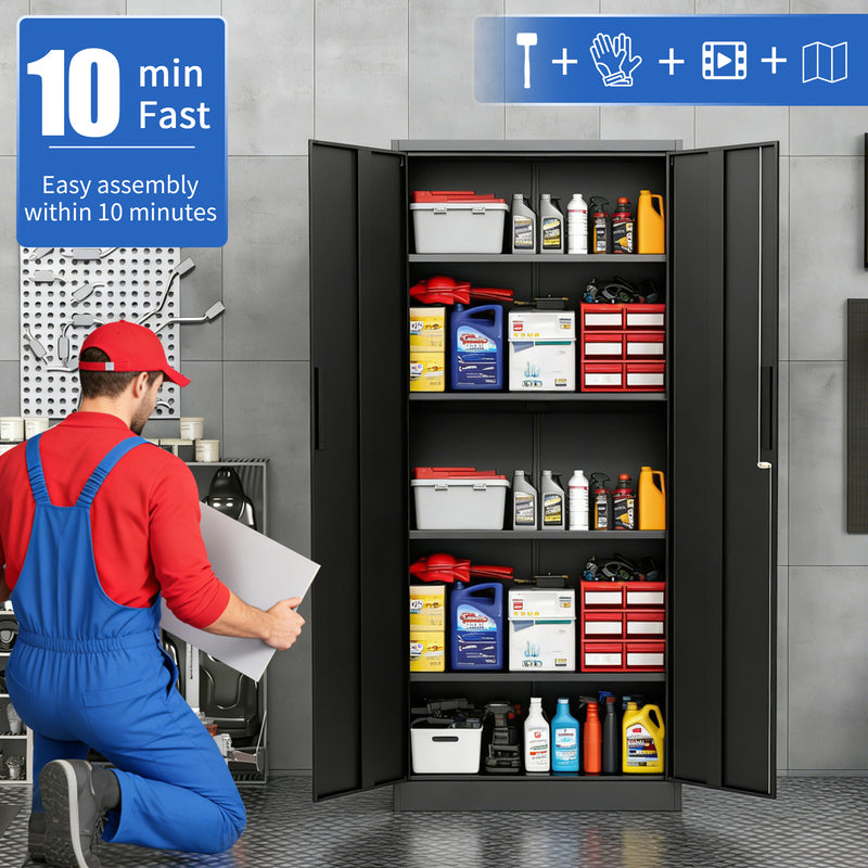 Heavy-Duty Black Steel Garage Storage Cabinet with Lock - 4 Shelves