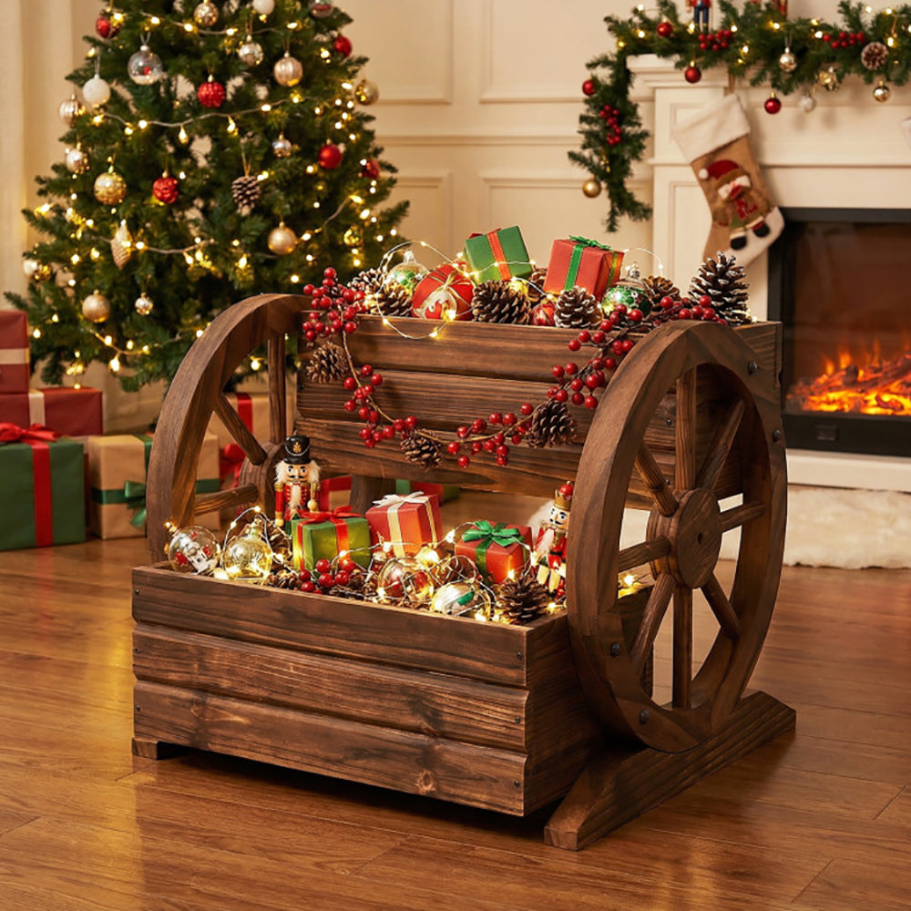 2-Tier Rustic Wood Garden Bed with Drainage & Wheels - Coffee
