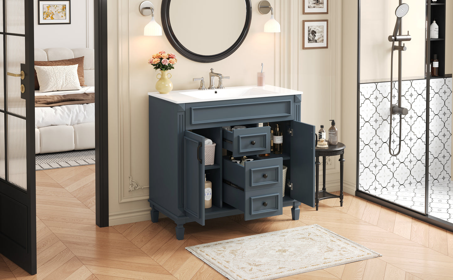 36-Inch Blue Bathroom Vanity with Top Sink & Soft Closing Doors