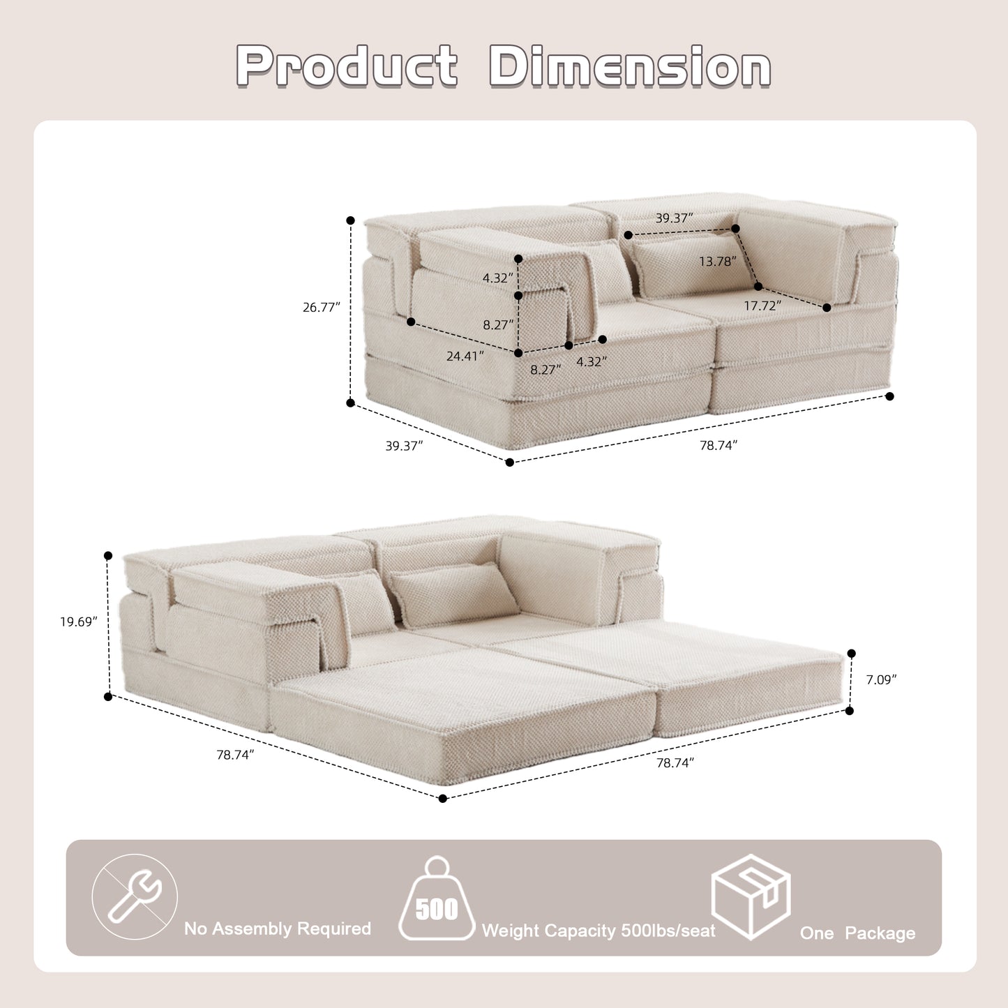 Convertible Floor Sofa Bed - Modern White Mahjong Sofa