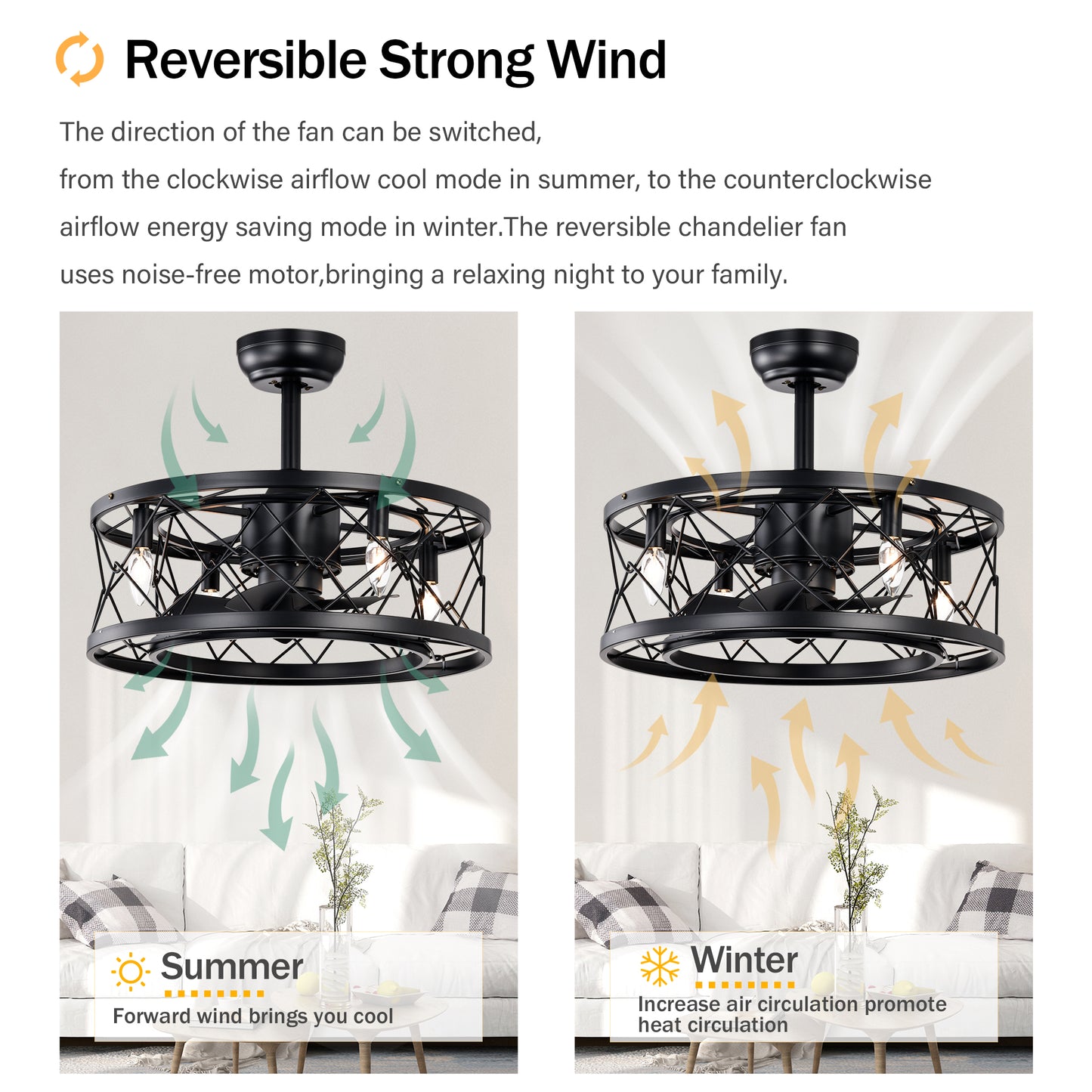 20'' Modern Enclosed Ceiling Fan - Low Noise, Matte Black