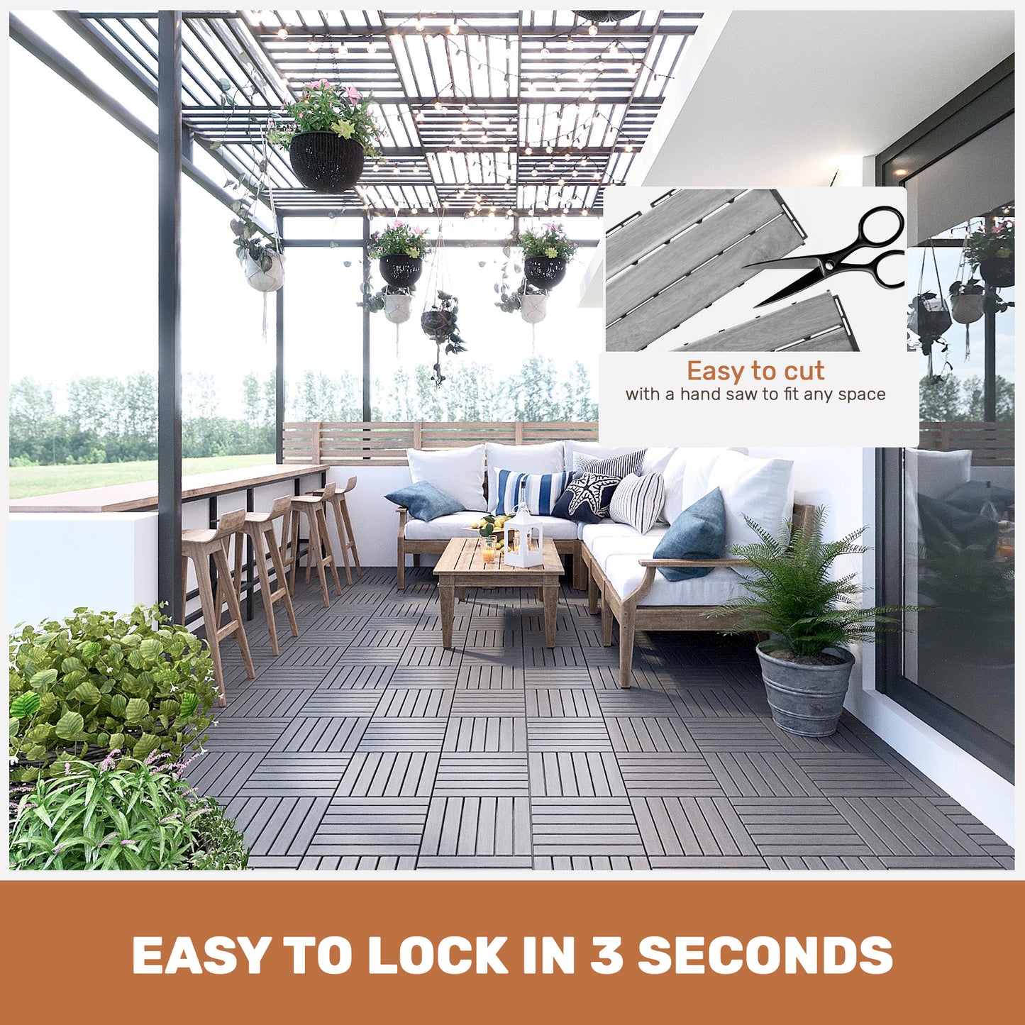 30 PCS Interlocking Deck Tiles - 12" x 12" Light Gray Acacia Hardwood Flooring