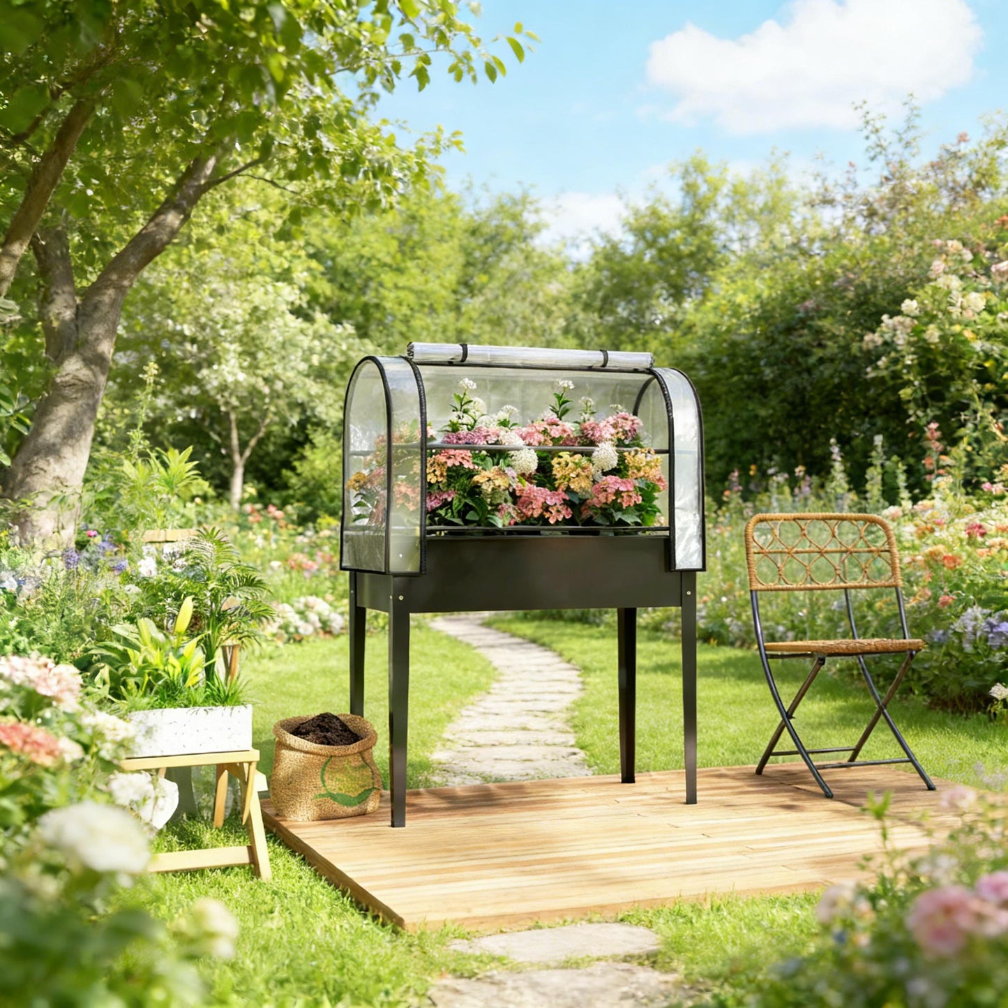 Raised Garden Bed with Mini Greenhouse - Black Planter Box