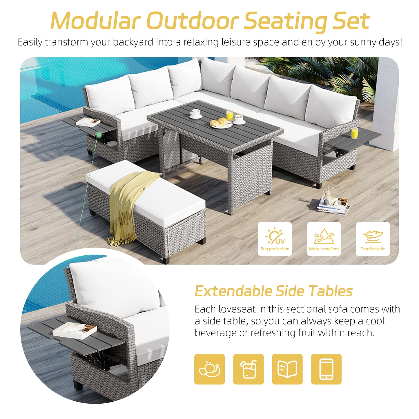 5-Piece Outdoor Rattan Sofa Set with Dining Table & Side Tables - White