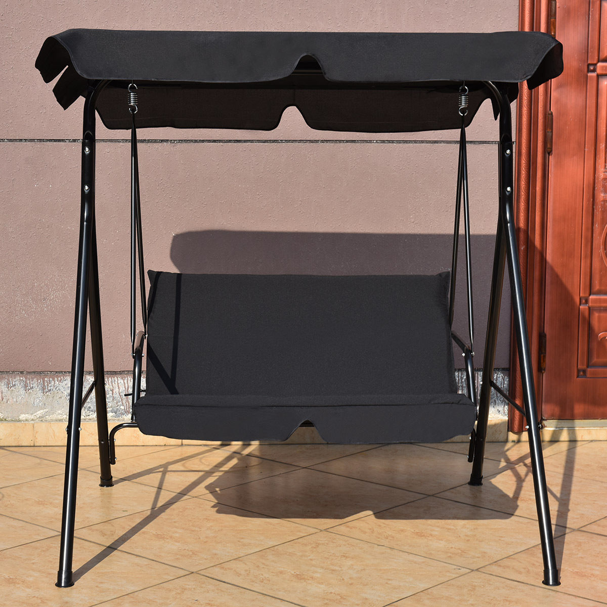 Outdoor Loveseat Swing Glider with Cushions - Black Steel Frame