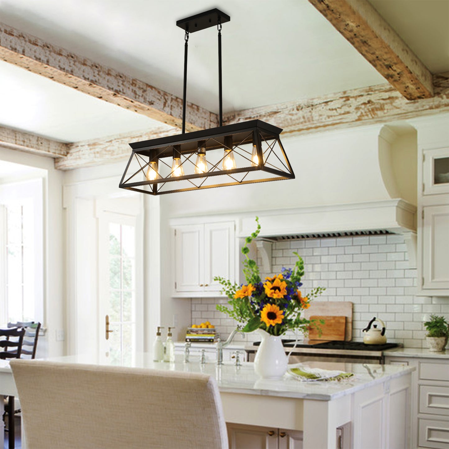 32-Inch Black Industrial 5-Light Pendant Chandelier - Adjustable