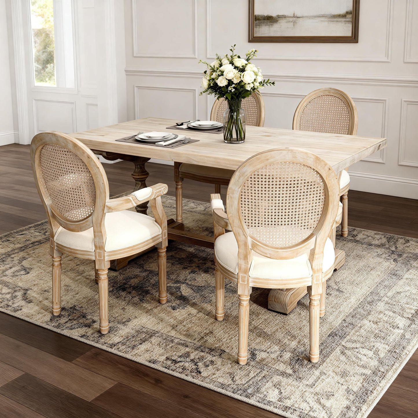 French Country Dining Armchair Set of 2 - Beige Upholstered Chairs