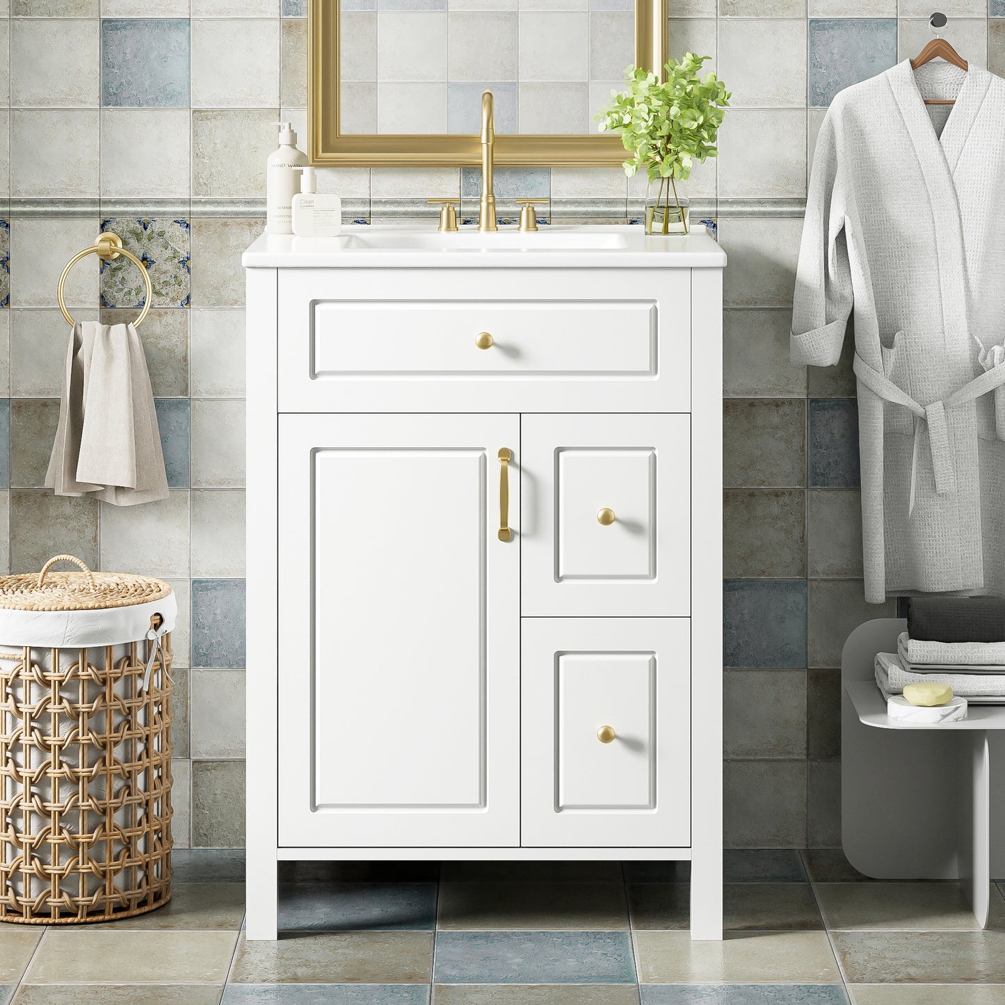 24-Inch Bathroom Vanity with Ceramic Sink and Storage Racks - White