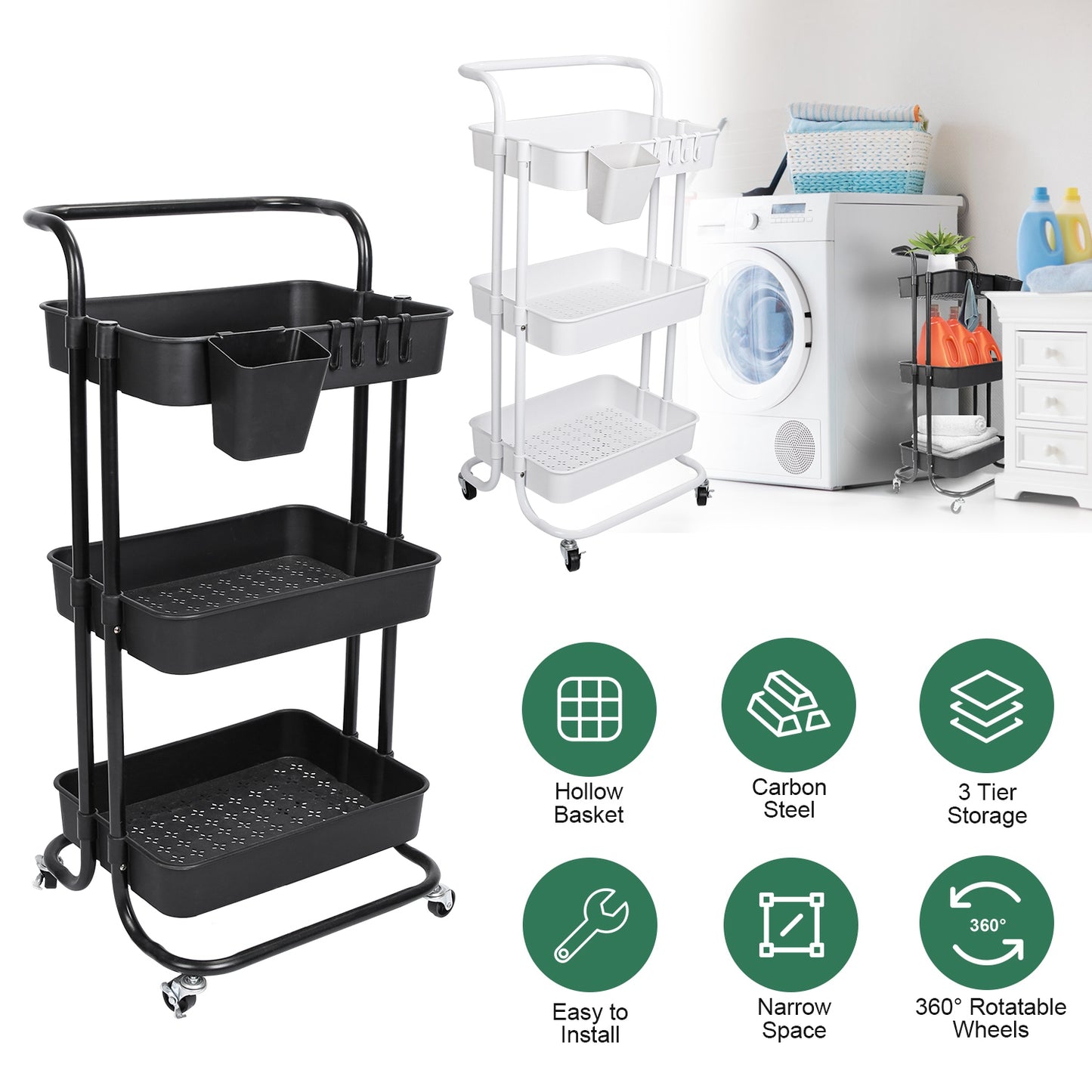 3-Tier Rolling Utility Cart with Mesh Baskets and Lockable Wheels