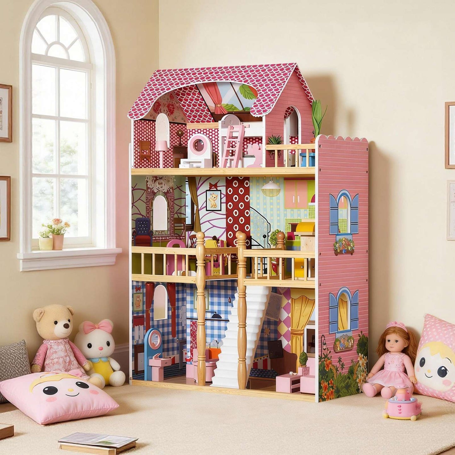 3-Story Wooden Dollhouse with 14 Accessories - Kids Playhouse