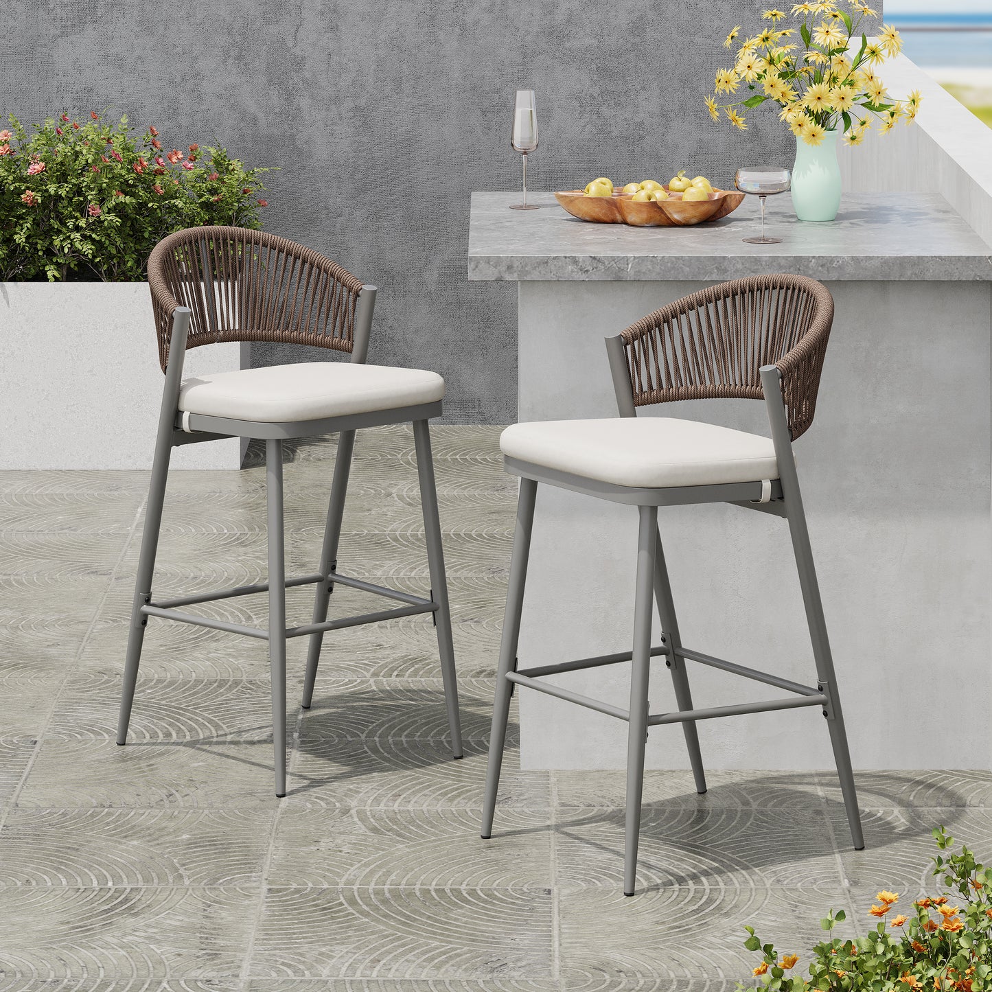 Outdoor 30.25 Seat Height Metal Frame Barstools With PE Rattan