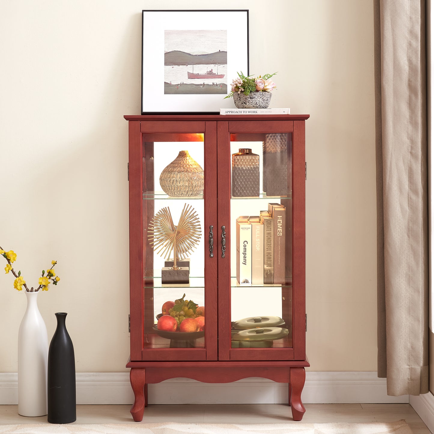 Lighted Curio Cabinet with Glass Doors & Adjustable Shelves - Cherry