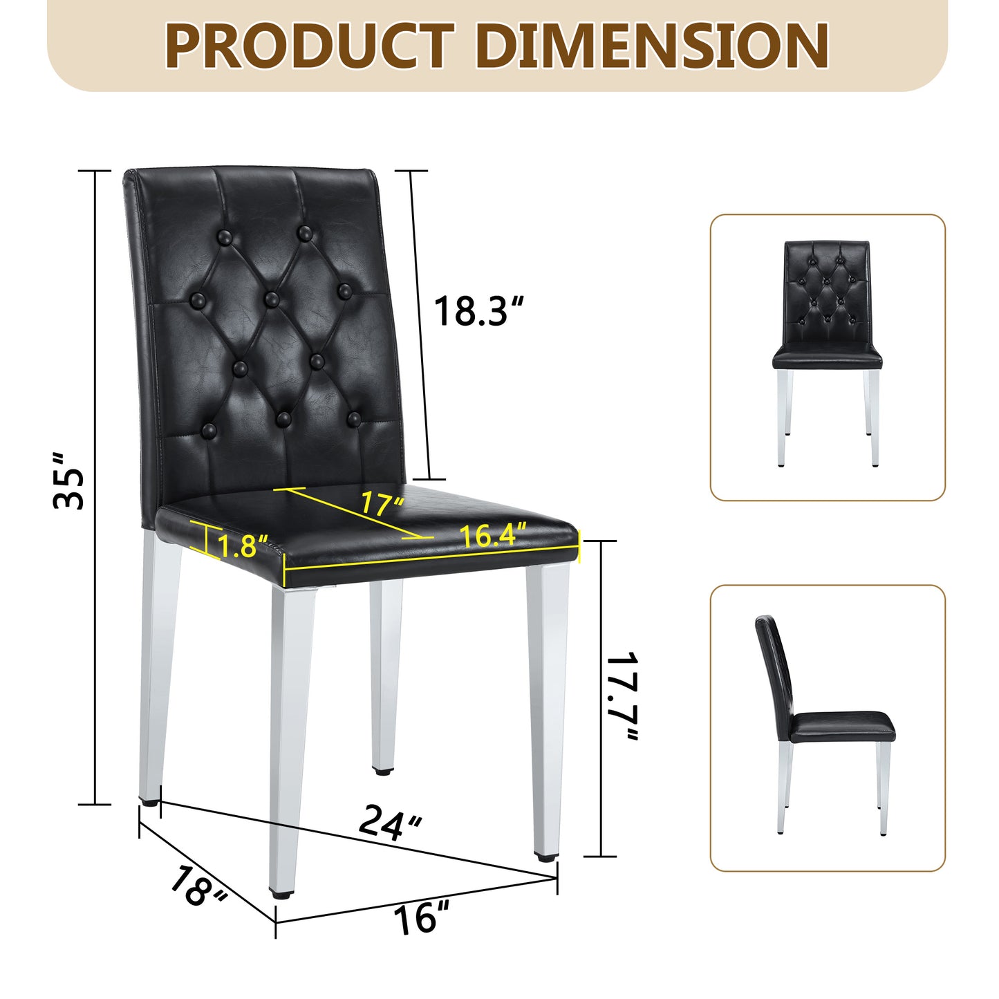 4-pack Black PU Dining Chairs,Ergonomic Buckle Backrest, 35 Inches