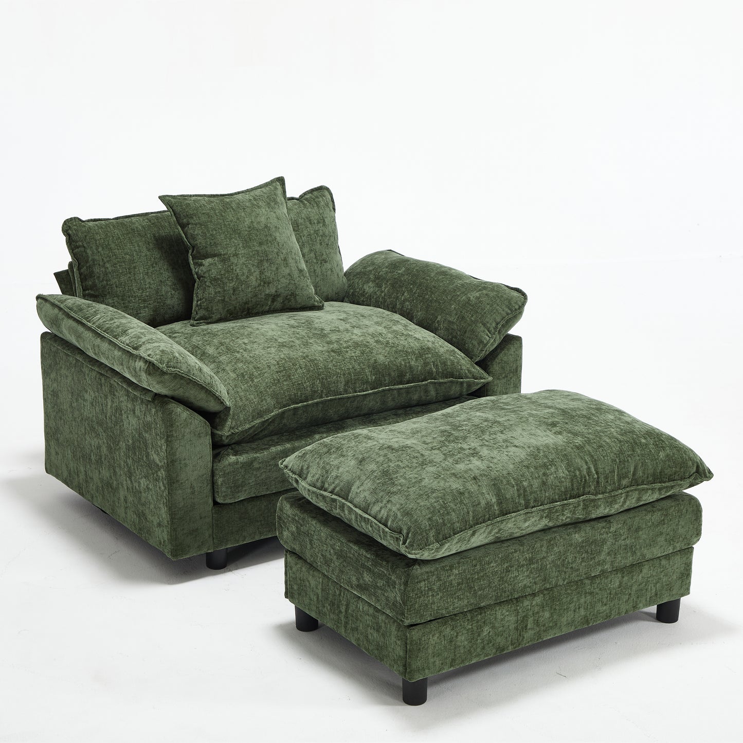 Modern Accent Chair with Ottoman - Green Chenille Upholstered Armchair