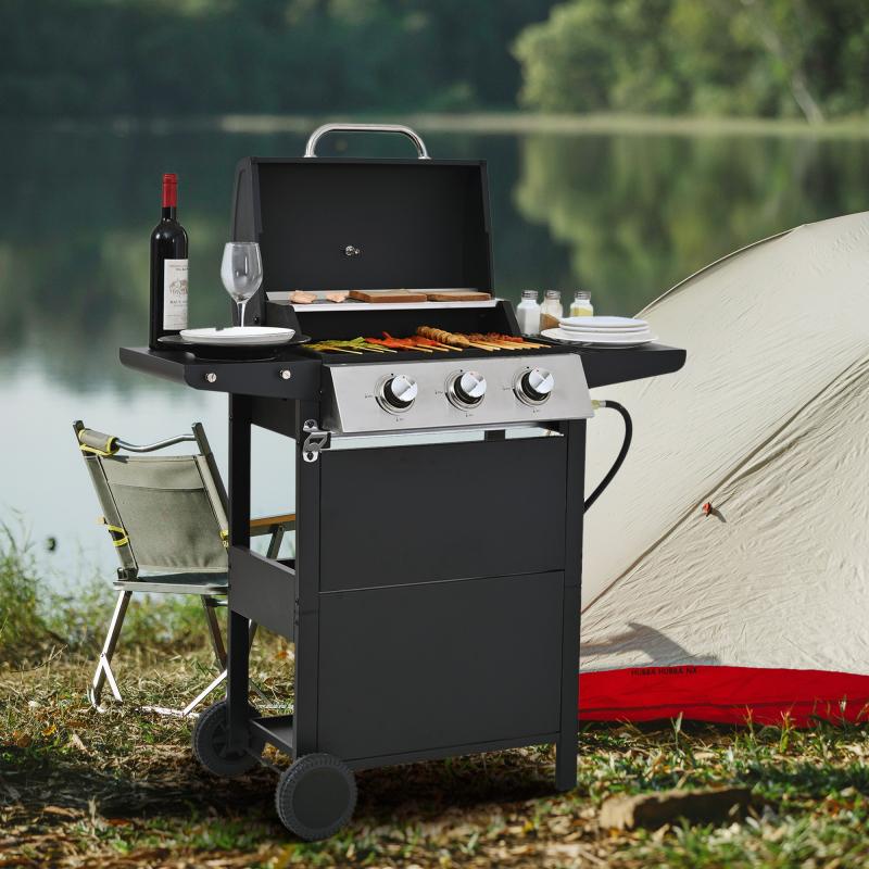 Three-Burner Propane Gas Grill with Stainless Steel Design & Wheels