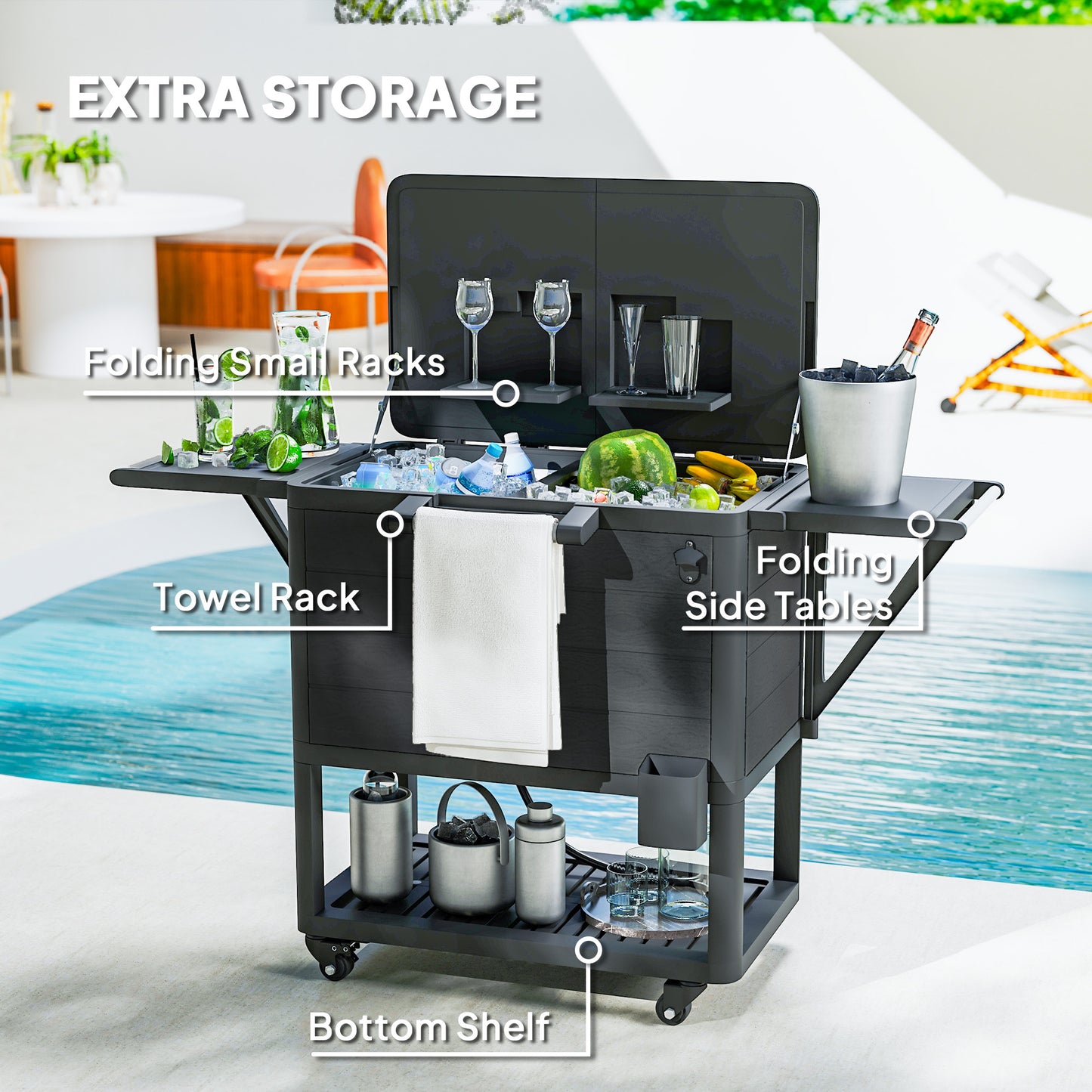 104 Quart Outdoor Cooler Cart with Bottle Opener & Wheels - Black