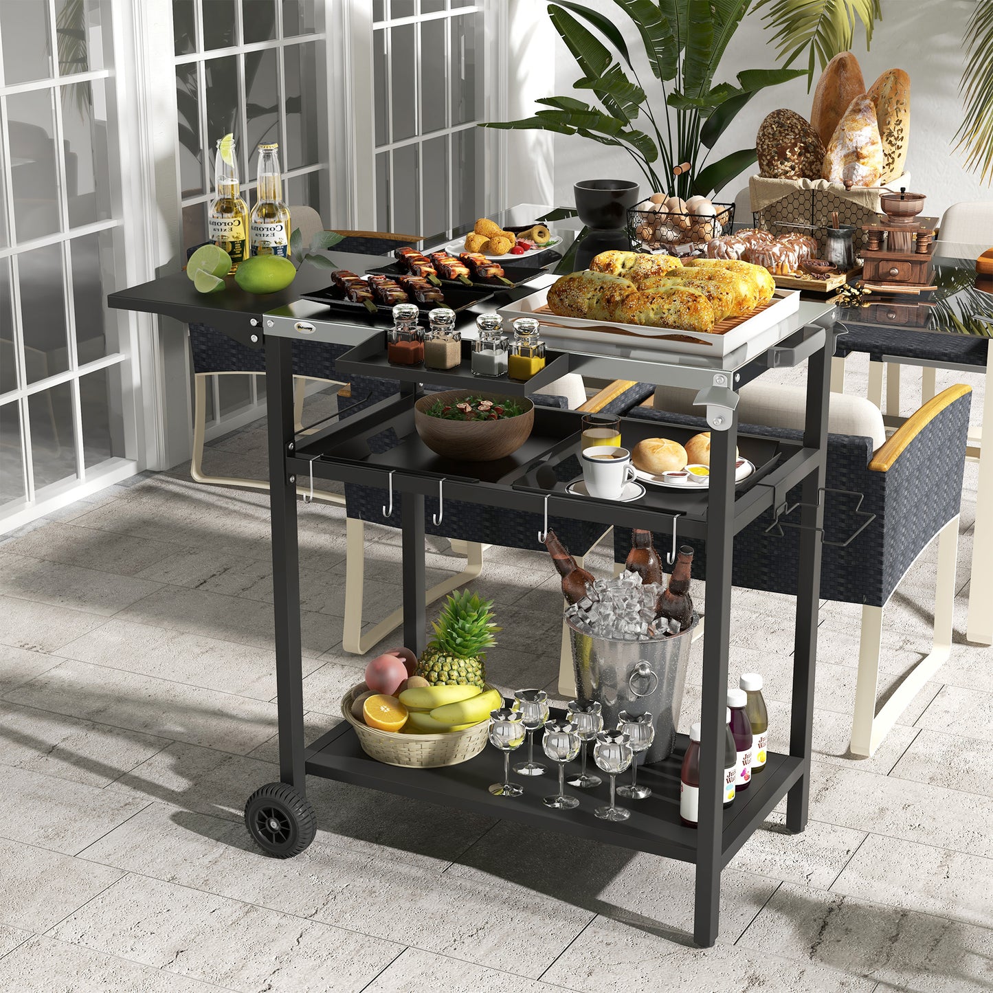 2-Tier Outdoor Bar Cart with Stainless Steel Top - Black