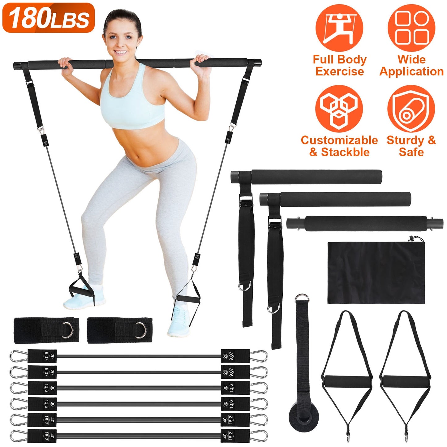 Multifunctional Pilates Bar Kit with Elastic Resistance Bands