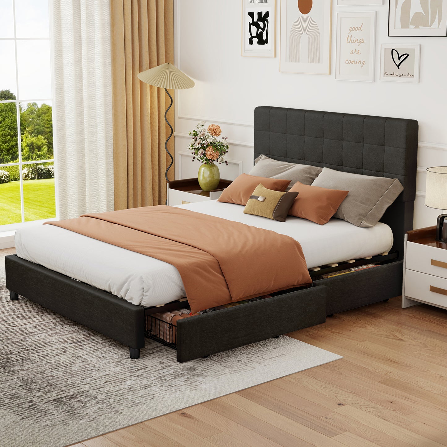 Full Bed Frame Upholstered Vertical Channel Headboard With 4 Storage
