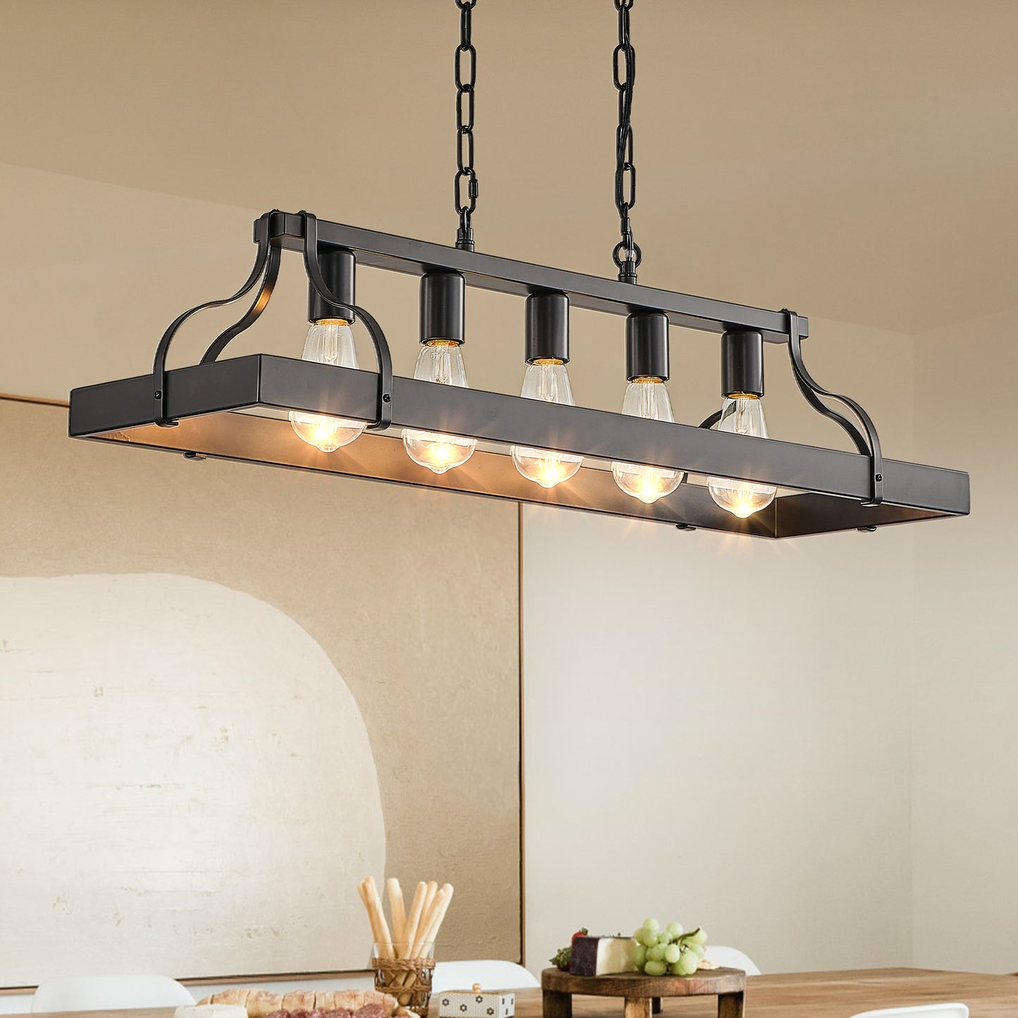 34-Inch Black Industrial Pendant Light with 5 E26 Sockets - Adjustable Height Chandelier