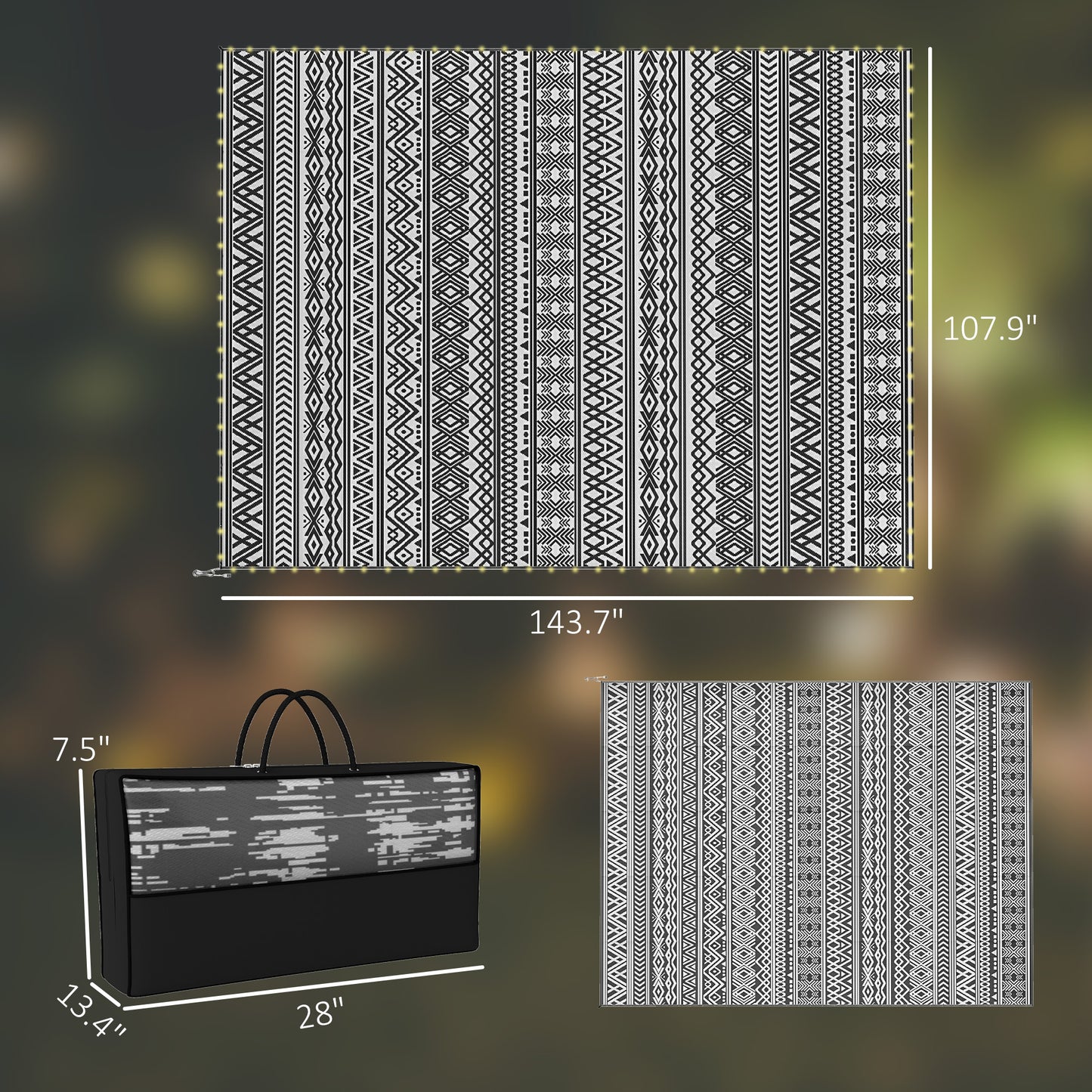Outdoor Reversible Rug with USB String Lights - 12x9 ft