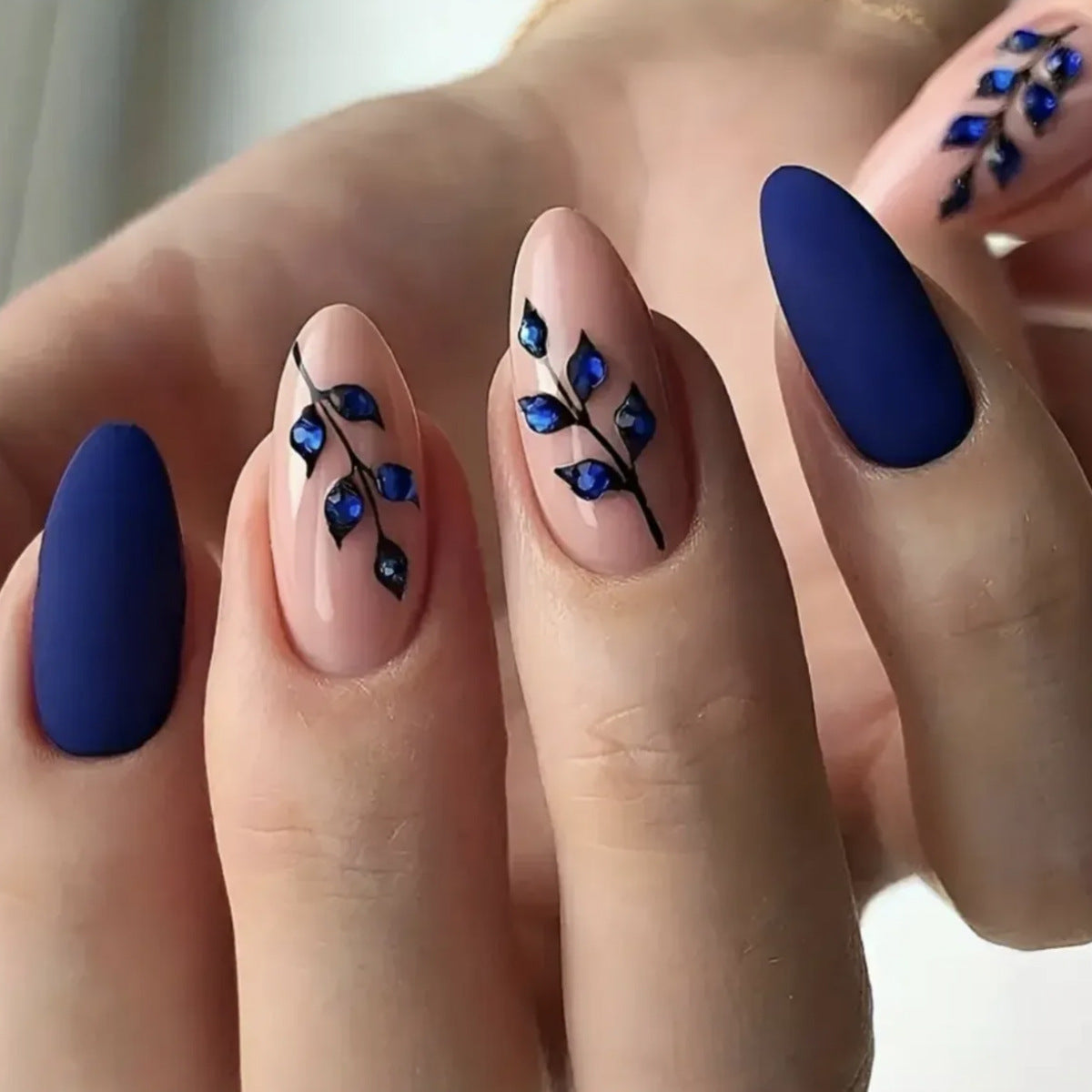 Blue Almond-Shaped Matte Nail Tips with Diamond Accents - Detachable, Easy Wear