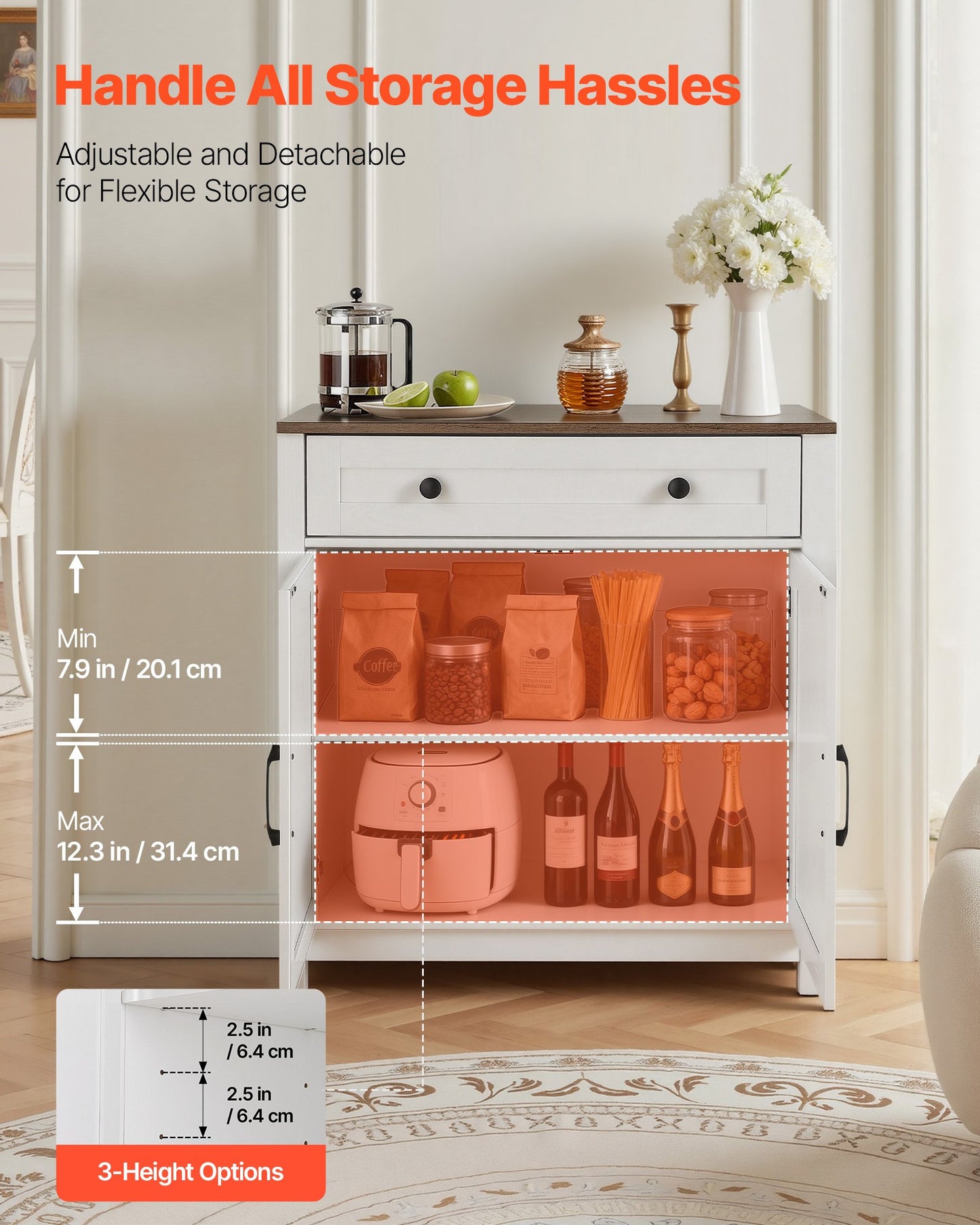 Farmhouse Coffee Bar Cabinet with Drawers and Barn Doors - White