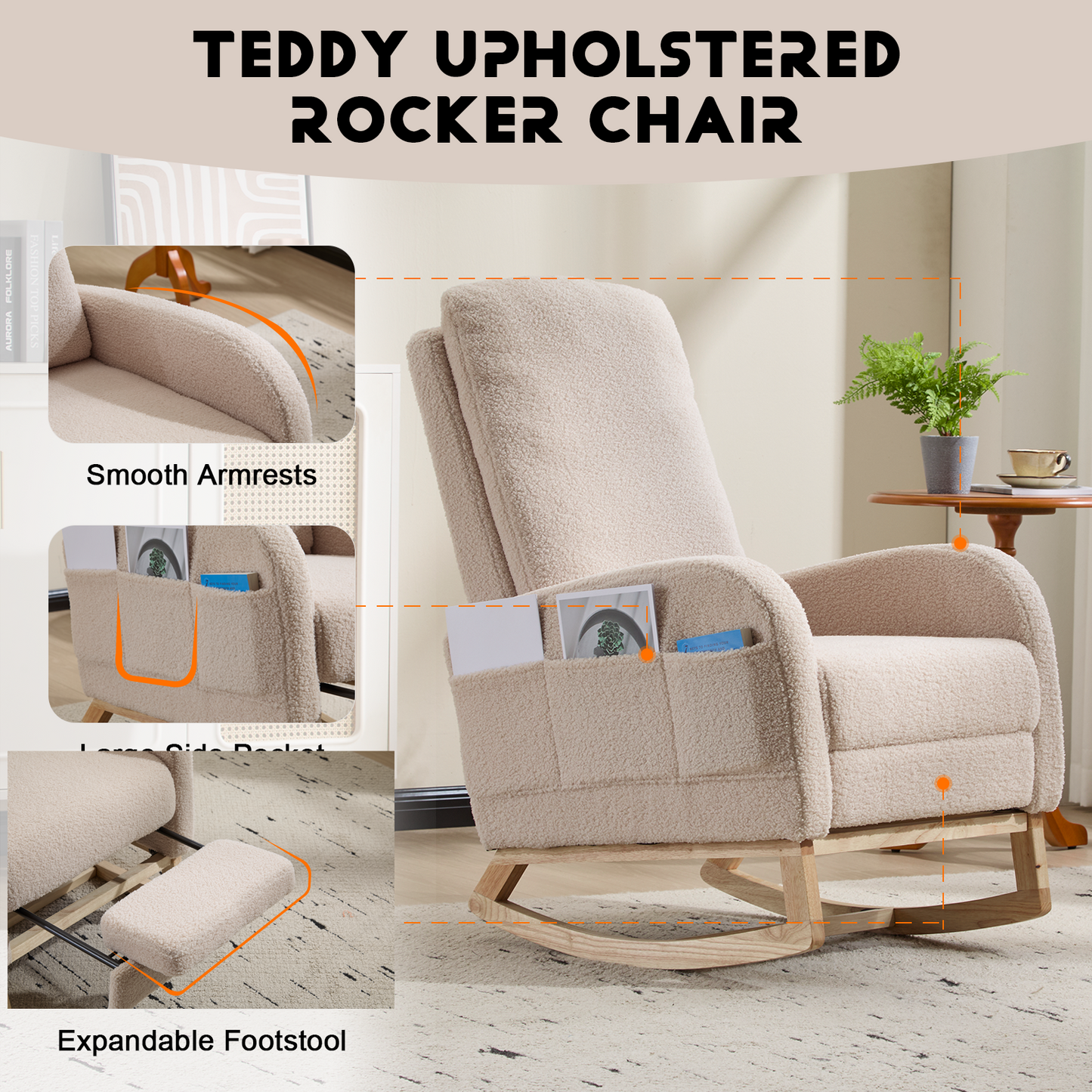 Modern Accent Rocking Chair with Solid Wood Legs - Beige