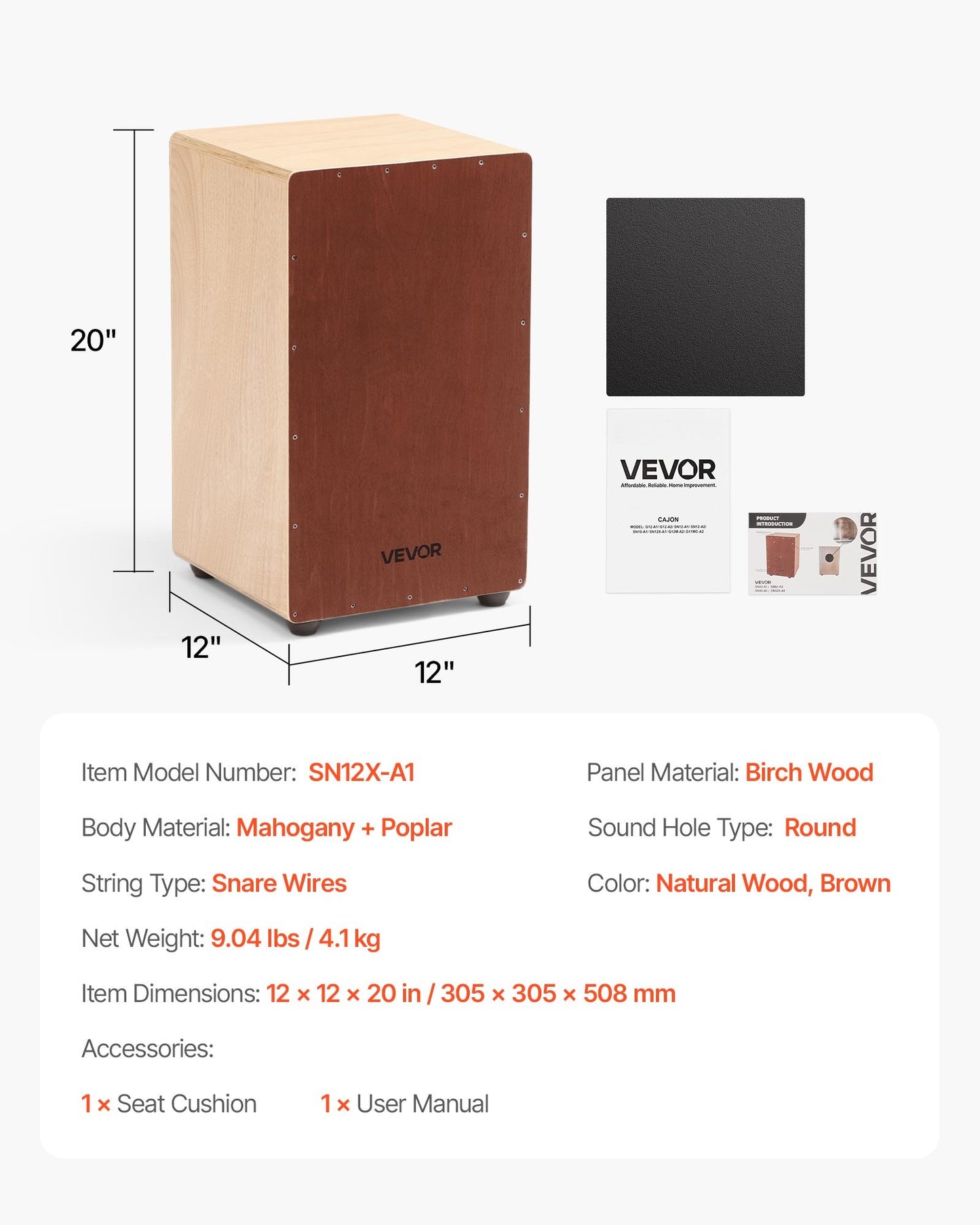 Wooden Cajon Box Drum with Internal Snare Wires - Percussion Instrument