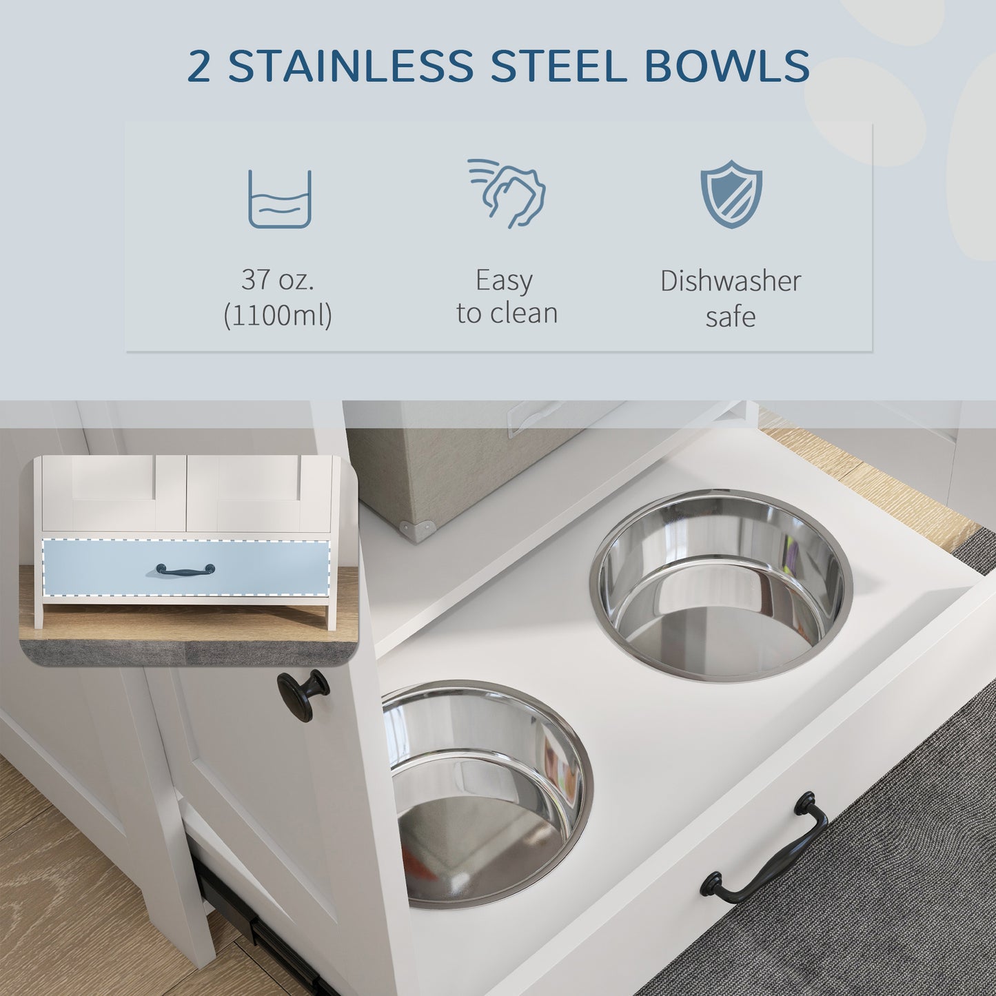 Pet Feeding Station with Adjustable Height & Hidden Bowls - Medium Dogs, White
