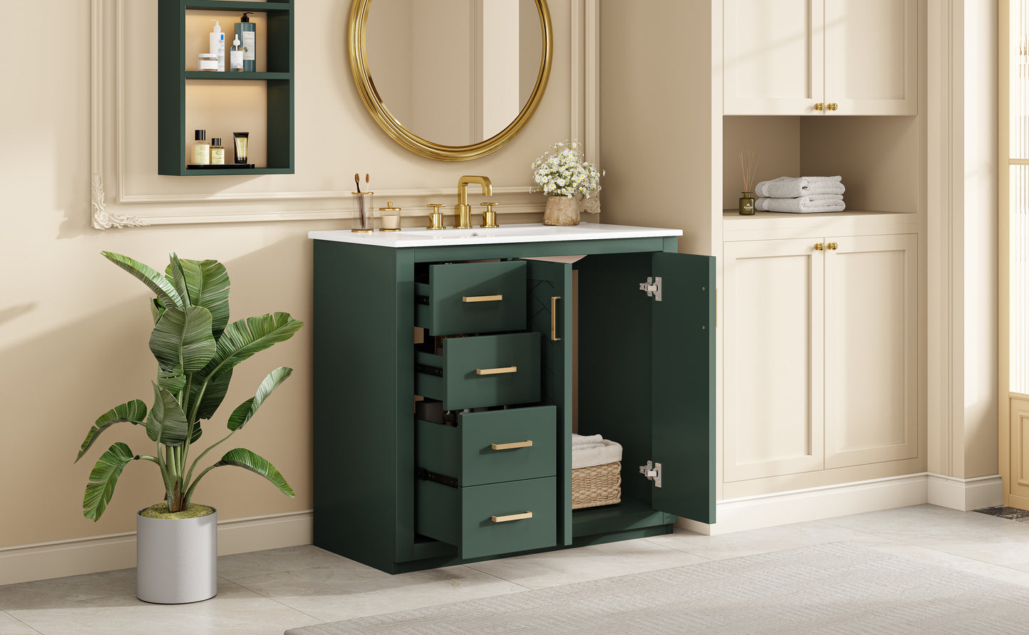 36-Inch Green Bathroom Vanity with Ceramic Sink & Storage Cabinet