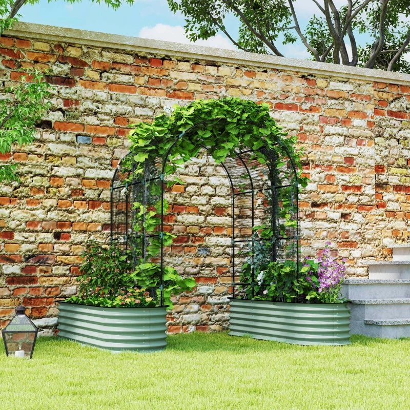 Garden Bed Set with Arch Trellis Climbing Net Galvanized Steel Green