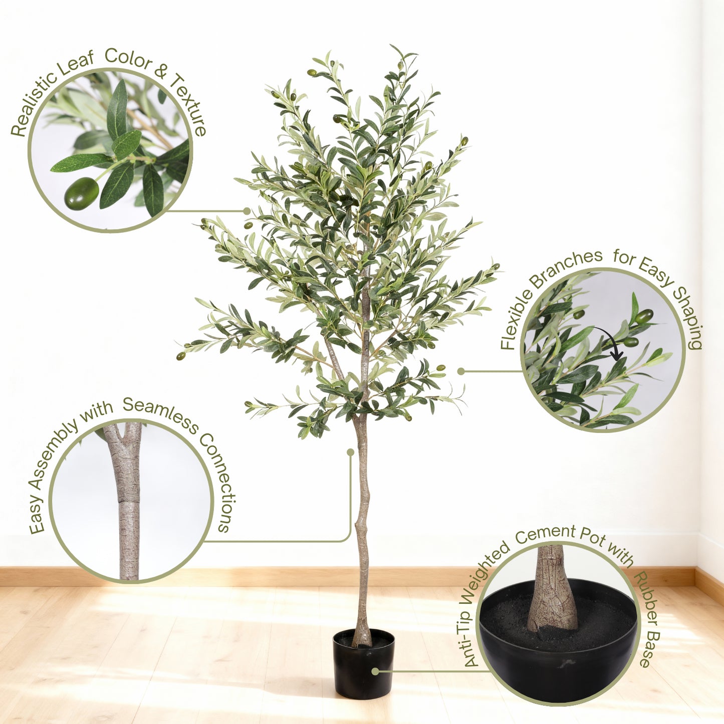 6FT Artificial Olive Tree in Black Pot - Green Leaves
