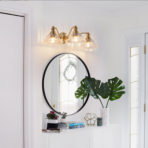 24 Inch 3-Light Vintage Bathroom Wall Sconce - Golden Metal & Glass Vanity Light
