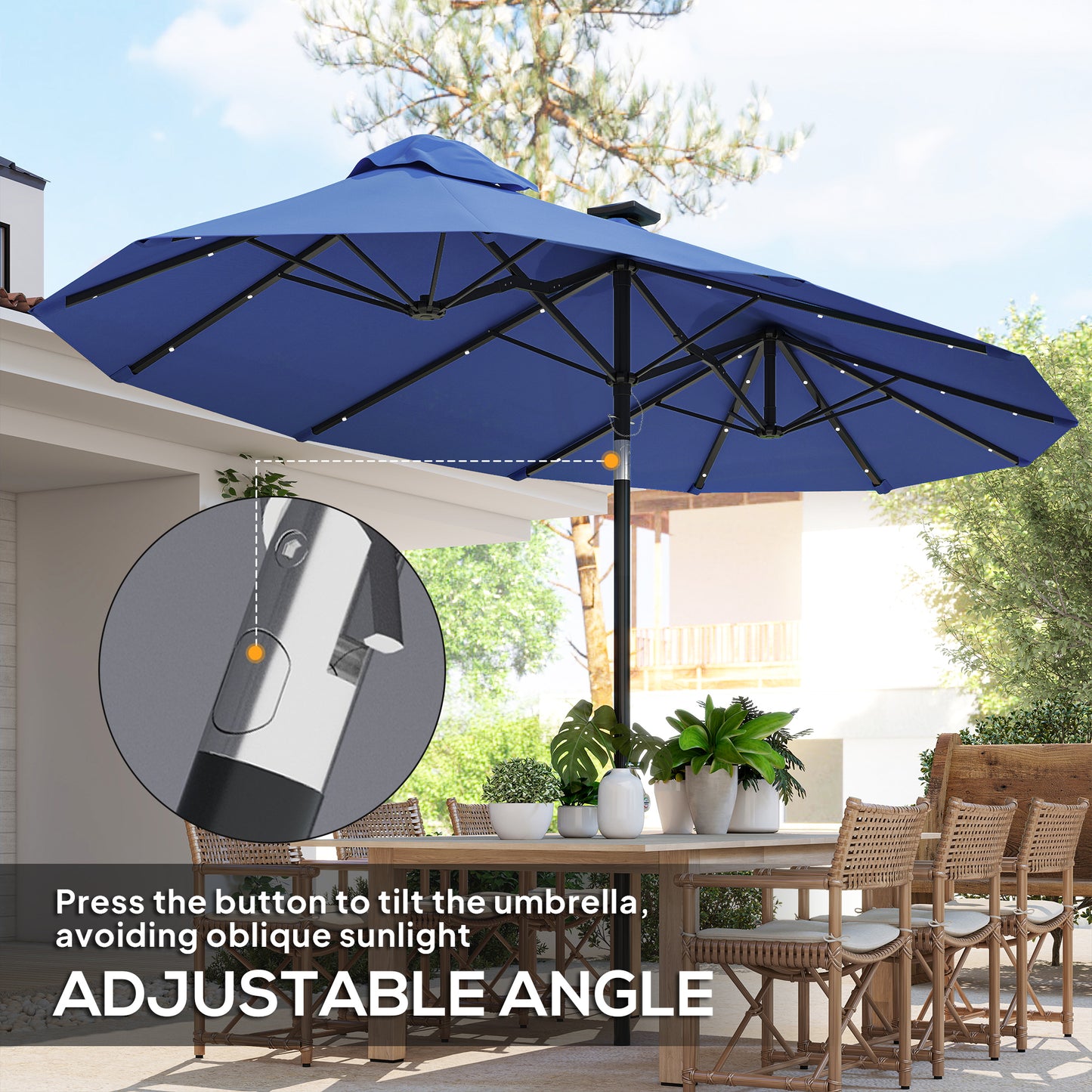 Double-Sided Patio Umbrella with Solar Lights - Navy Blue