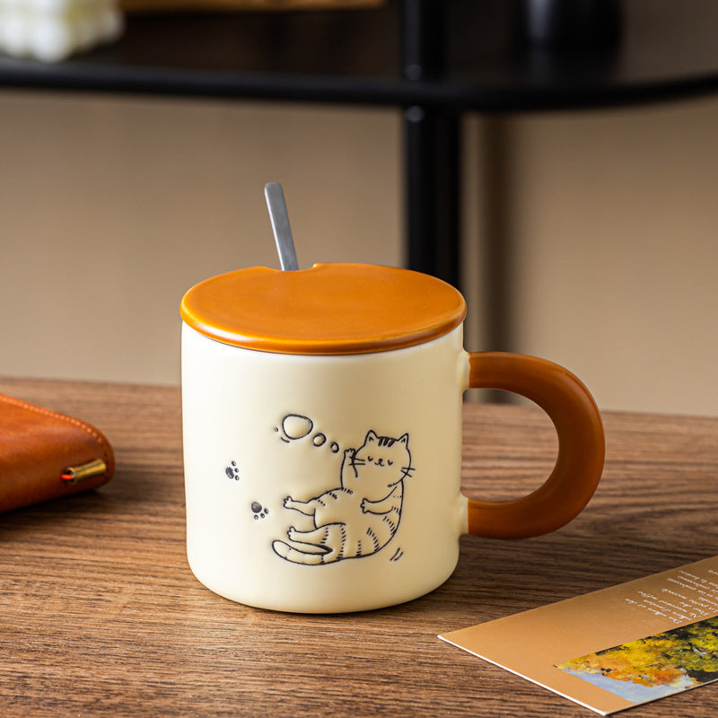Cute Hand Painted Ceramic Cat Mug with Lid and Spoon - 380ml