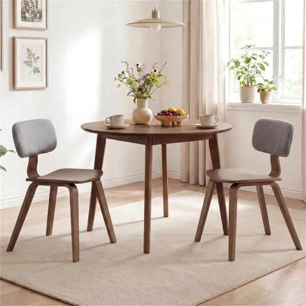 Set of 2 Grey & Walnut Dining Chairs - Plush Teddy Velvet Upholstery