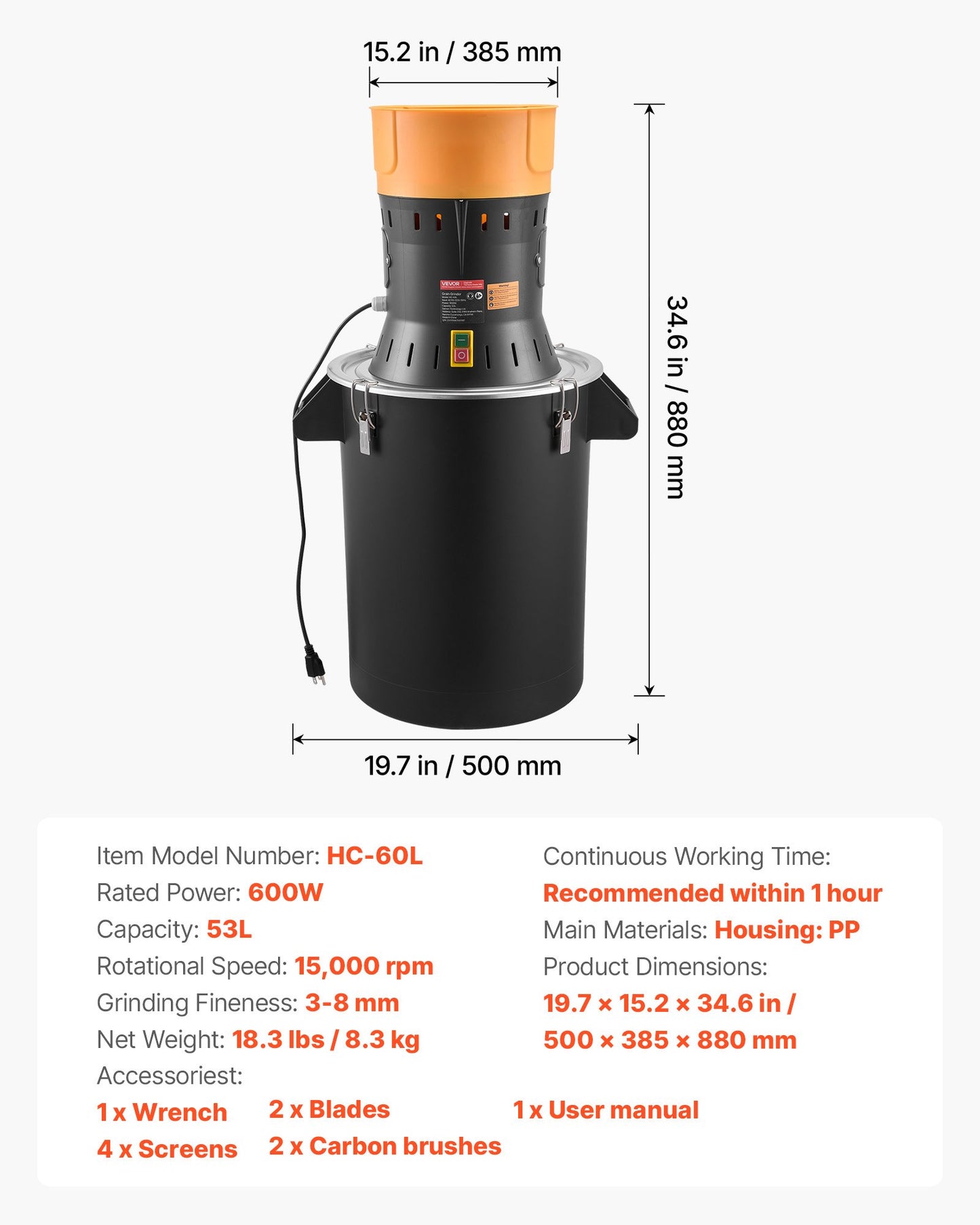 Electric Grain Mill Grinder 600W High Power Spice & Cereal Pulverizer - Black