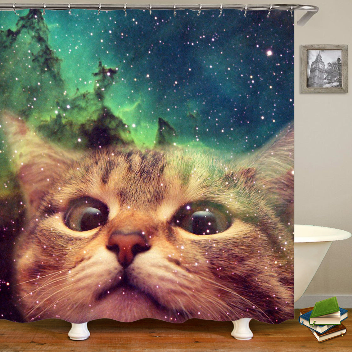 Cute Cat Shower Curtain Waterproof Fabric with Hooks - Funny Bathroom Decor