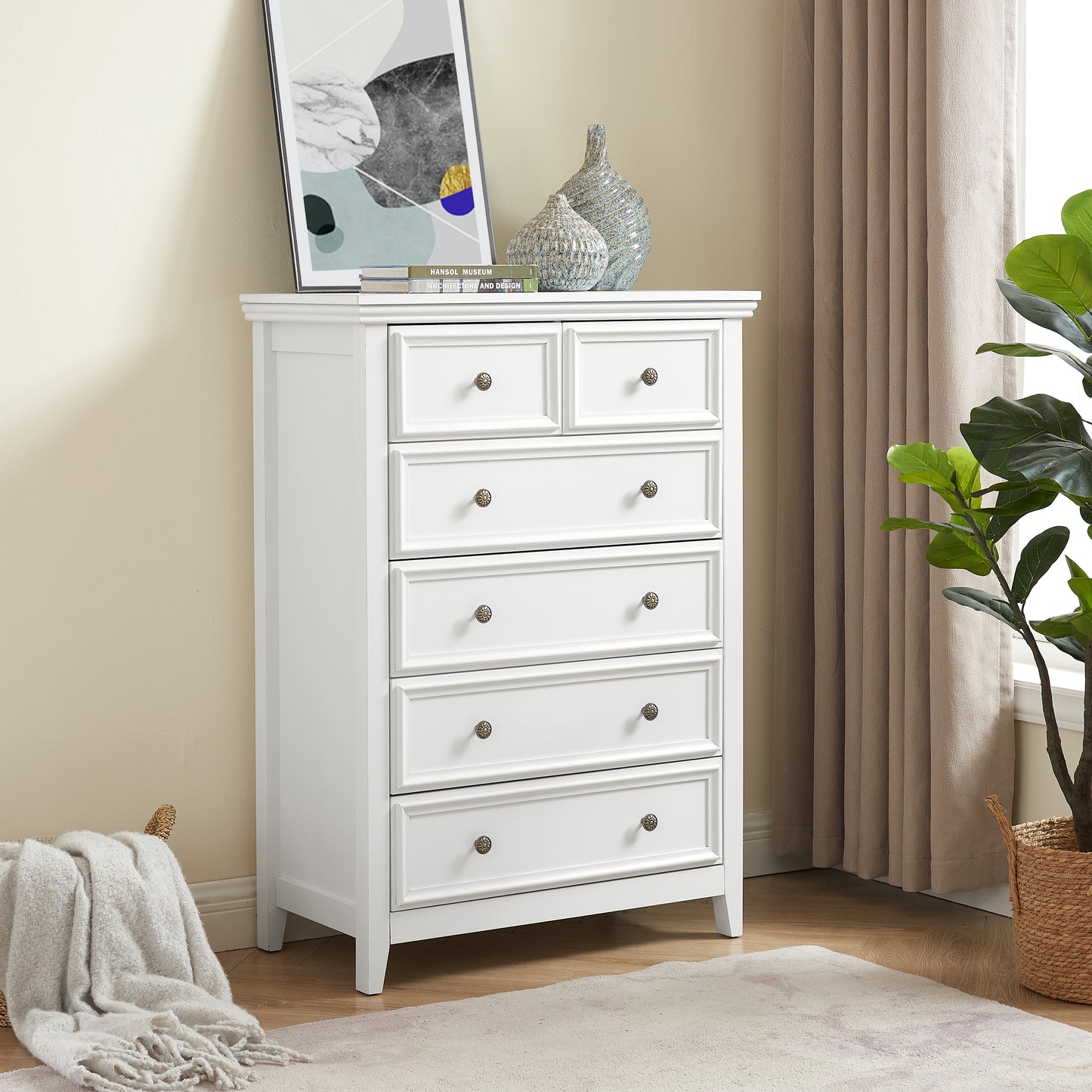 Modern 6-Drawer Dresser - White Chest of Drawers for Storage