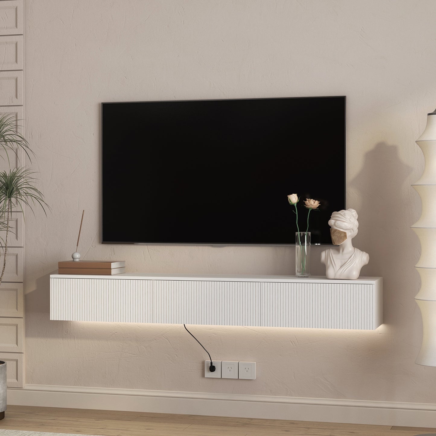 Wall Mounted Floating TV Stand with 16 Color LEDs - White