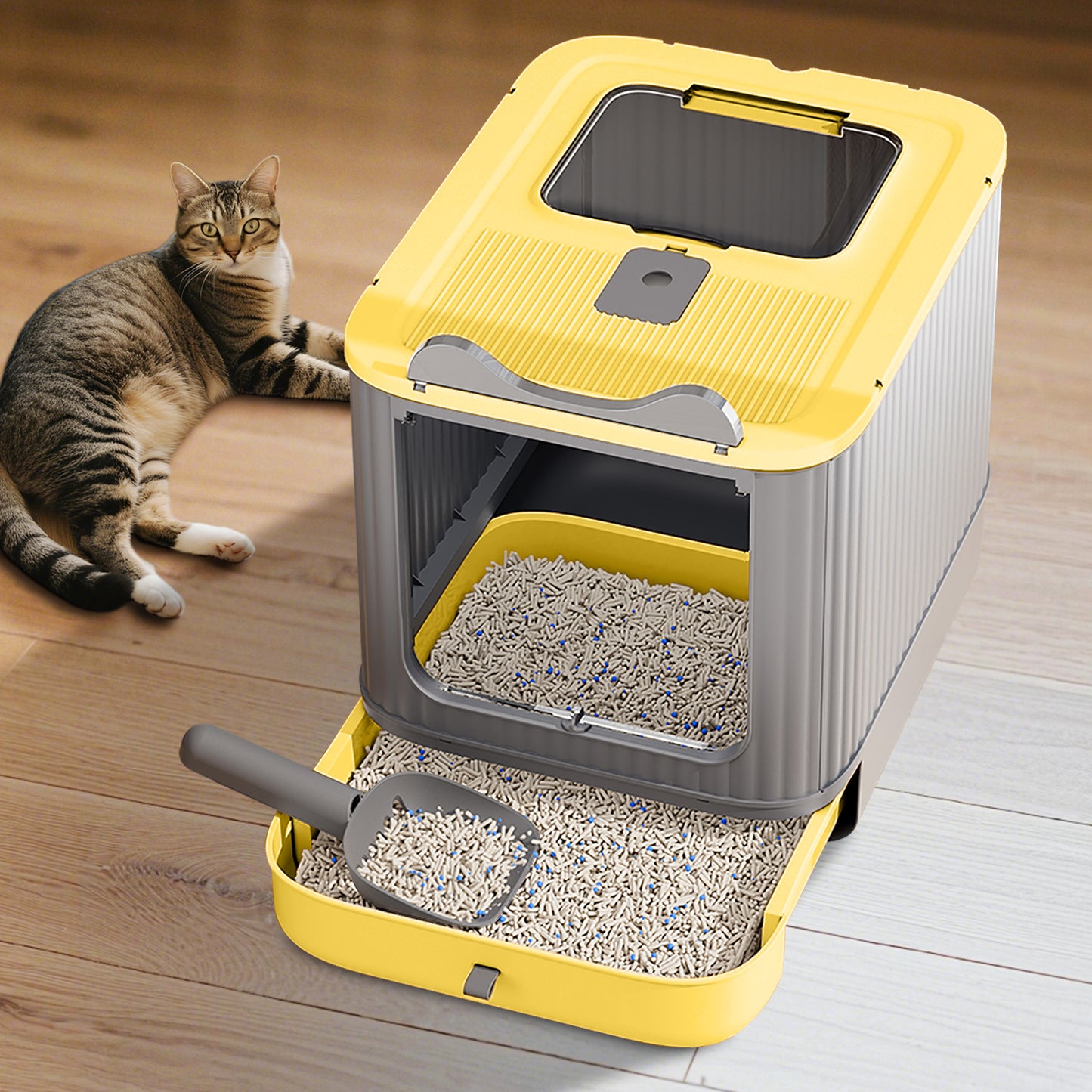 Self Pickup Cat Litter Box in Yellow - Pet Furniture for Cats